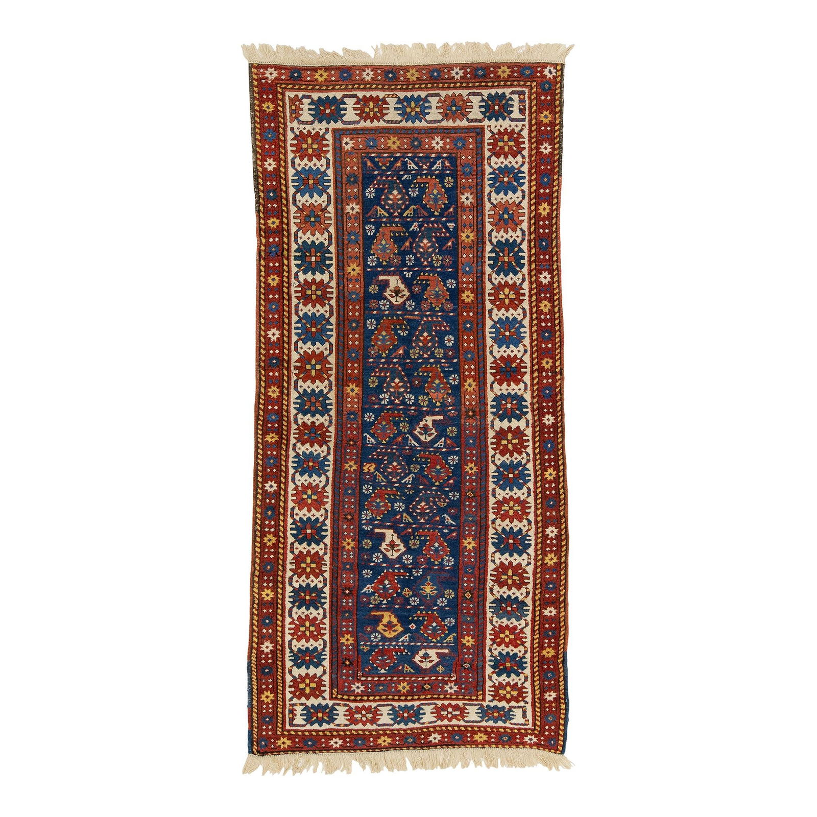 Handcrafted Kazak Blue Wool Runner with Intricate Pattern 3'6 x 7'10: Handcrafted Kazak Blue Wool Runner with Intricate Pattern 3'6 x 7'10 This handcrafted Kazak wool runner features a striking blue color complemented by intricate red, yellow, and beige accents. The rug