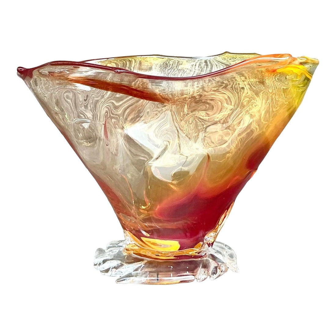 Vintage Boho Hand-Blown Glass Bowl in Amber Orange Red Gold: Vintage Boho Hand-Blown Glass Bowl in Amber Orange Red Gold This vintage boho hand-blown glass bowl radiates warmth and artistic energy, showcasing a stunning blend of fiery hues including amber, oran