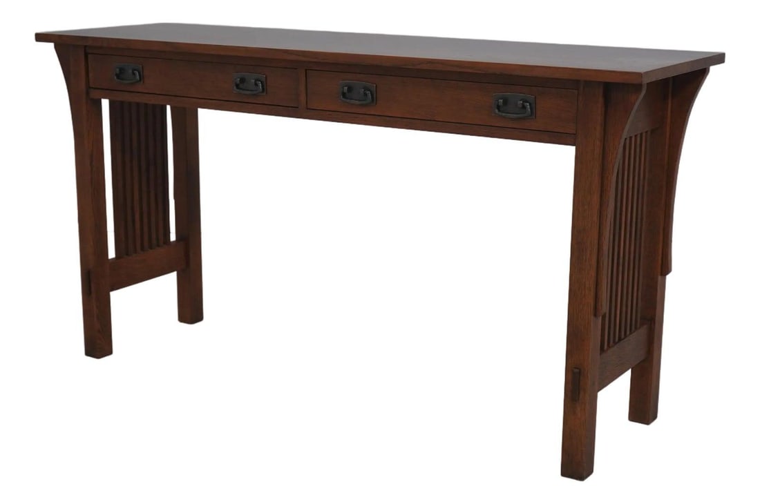 Mission Style Oak Console Table with Two Drawers and Spindle Sides: Mission Style Oak Console Table with Two Drawers and Spindle Sides This Stickley Mission Oak console sofa table features two drawers with dovetailed construction, spindle sides, and is crafted in the