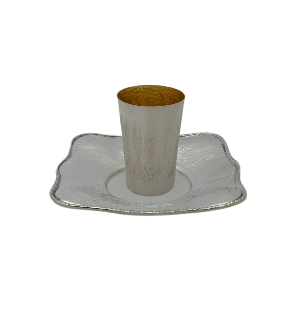 Handmade Modern 925 Sterling Silver Cup & Tray Set: Handmade Modern 925 Sterling Silver Cup & Tray Set This exquisite fine small cup and tray set is crafted from 925 sterling silver, showcasing a handmade modern design with a beautiful hammered shiny s