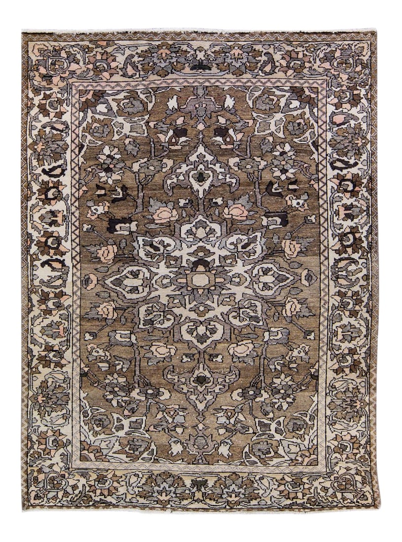 Vintage Malayer Hand-Knotted Floral Wool Rug 6'9 x 9'8: Vintage Malayer Hand-Knotted Floral Wool Rug 6'9 x 9'8 This exquisite Vintage Malayer rug showcases a hand-knotted wool construction with a rich brown field adorned with peach and ivory accents. The a