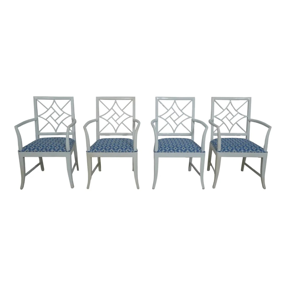 Set of 4 White Lacquered Chinese Chippendale Armchairs: Set of 4 White Lacquered Chinese Chippendale Armchairs Enhance your dining space with this elegant set of four Chinese Chippendale armchairs. Featuring a pristine white lacquer finish, these chairs bo