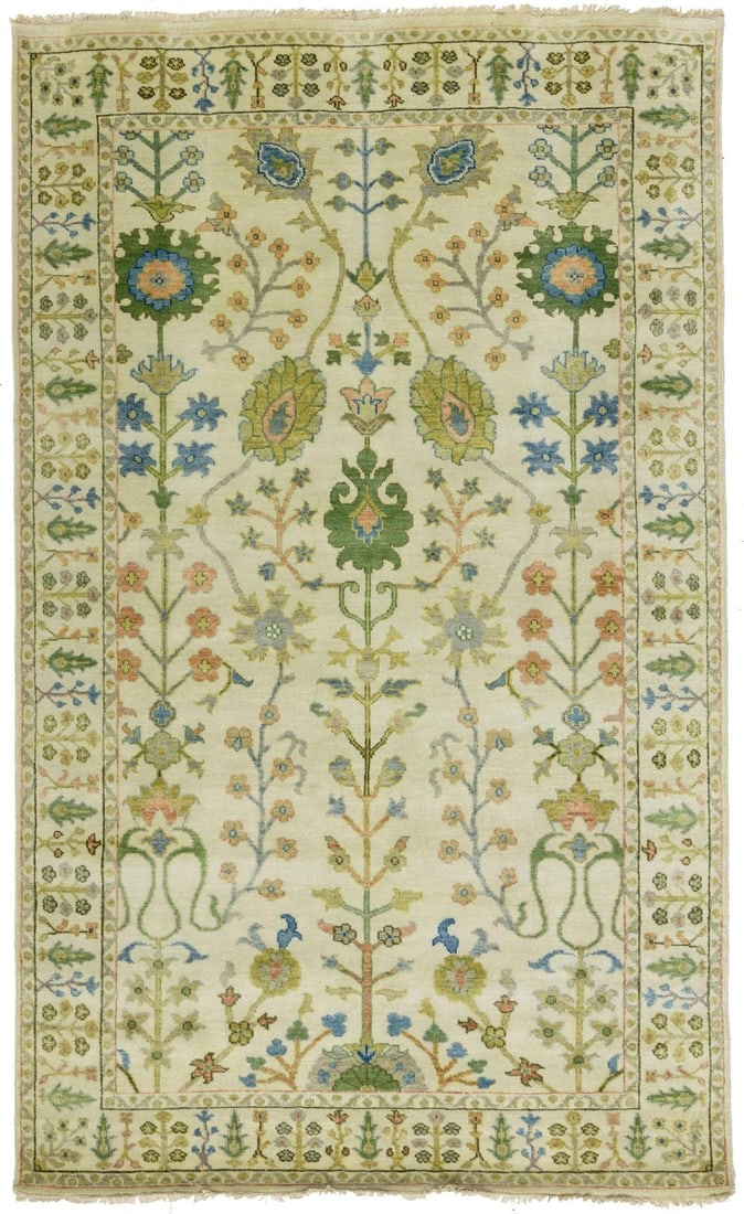 Hand-Knotted Wool Ivory Chobi Rug 5x8 ft Modern Floral Design: Hand-Knotted Wool Ivory Chobi Rug 5x8 ft Modern Floral Design Enhance your space with this elegant 5x8 ft Ivory Chobi Rug, expertly hand-knotted from high-quality wool. This area rug features a beauti
