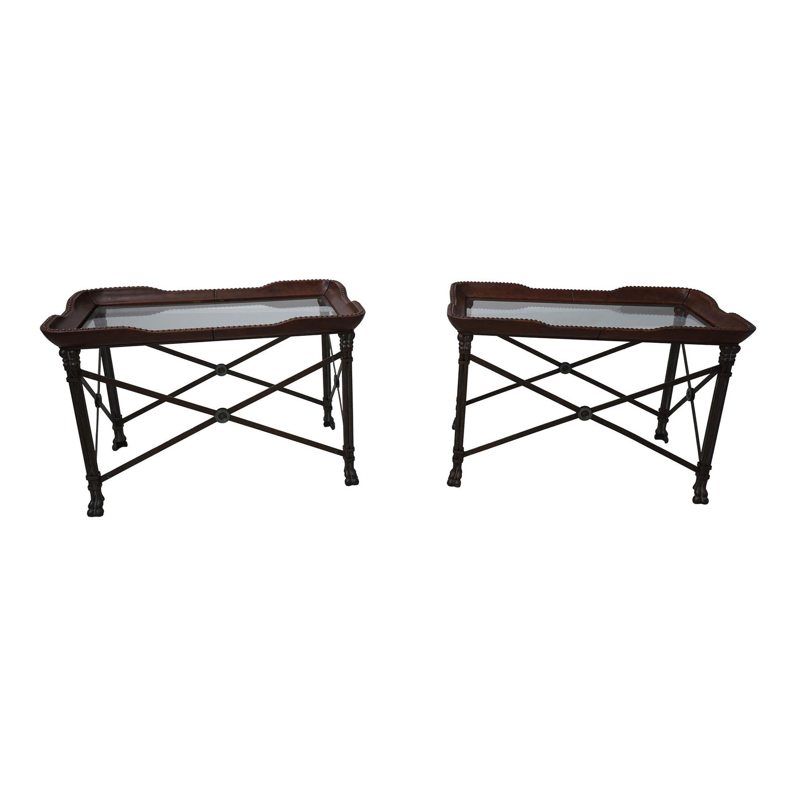 Maitland Smith Inspired Pair of Bronze Finish Iron Base Lamp Tables: Maitland Smith Inspired Pair of Bronze Finish Iron Base Lamp Tables Elevate your living space with this exquisite pair of lamp tables, featuring a stunning glass top and a robust iron base. Each table