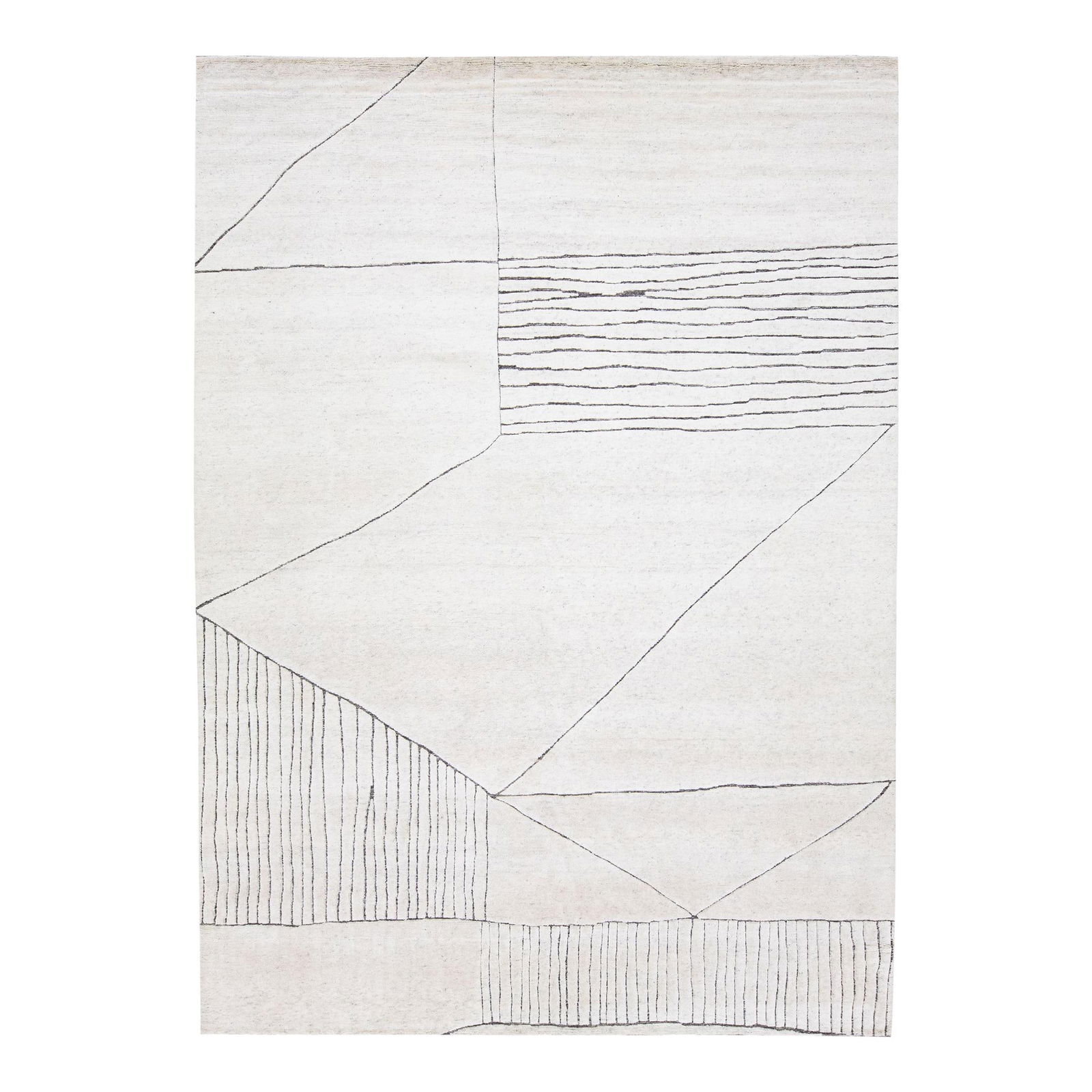 Modern Geometric Wool Rug 10'1 x 14' Ivory Field: Modern Geometric Wool Rug 10'1 x 14' Ivory Field Experience the elegance of modern design with this exquisite hand-knotted wool rug inspired by Moroccan style. Featuring a stunning ivory field, this p