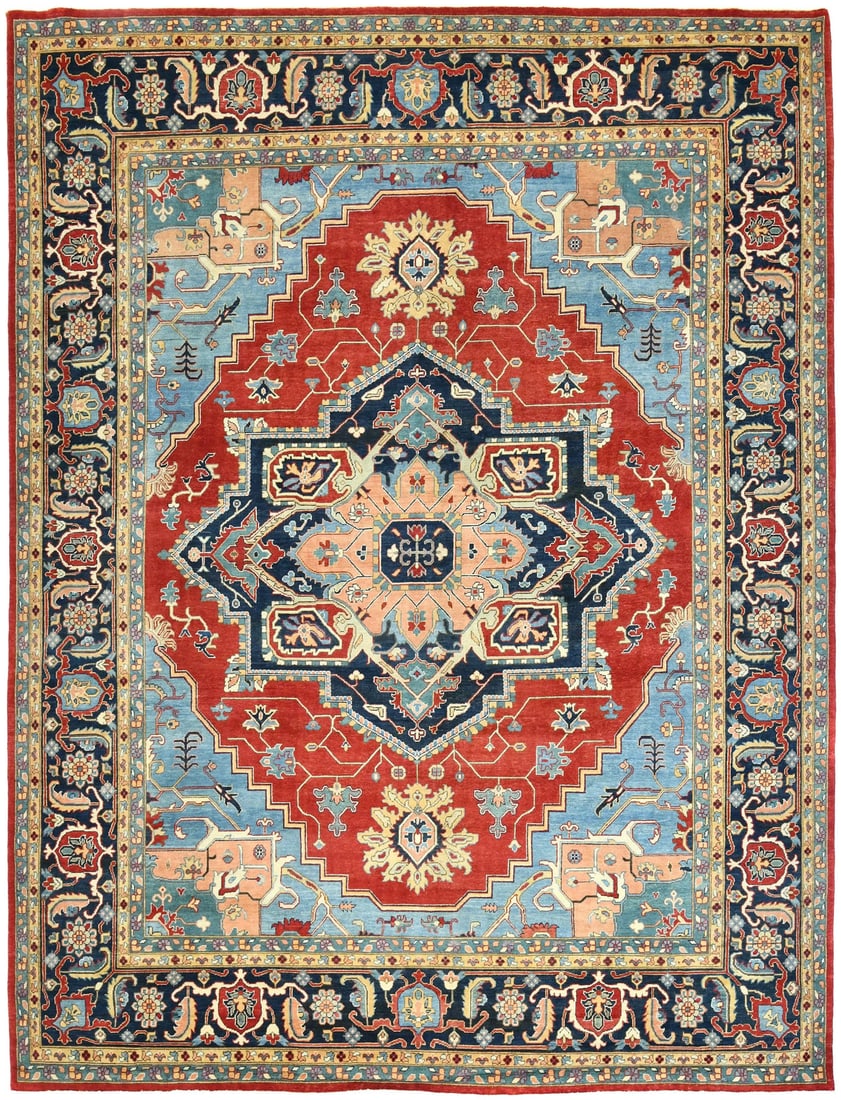 Oversized Vintage Red Geometric Hand-Knotted Heriz Serapi Rug 12'0 x 15'9: Oversized Vintage Red Geometric Hand-Knotted Heriz Serapi Rug 12'0 x 15'9 Enhance your living space with this stunning oversized vintage Heriz Serapi oriental rug, measuring 12'0" x 15'9". Hand-knotte