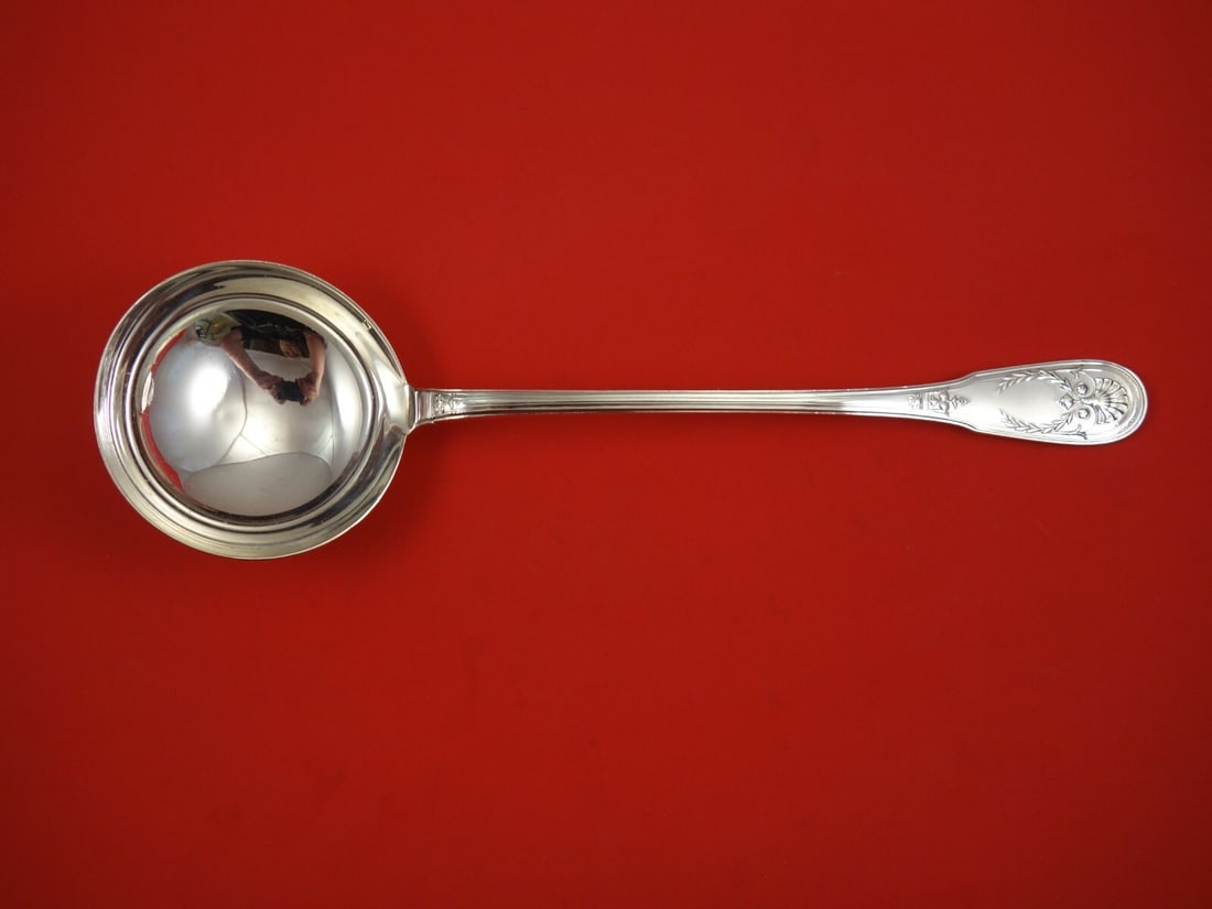 Puiforcat Sterling Silver Soup Ladle 12 1/8" Fan Motif France: Puiforcat Sterling Silver Soup Ladle 12 1/8" Fan Motif France This elegant soup ladle is a stunning piece from Puiforcat, renowned for its craftsmanship. Made from high-quality sterling silver, it fea