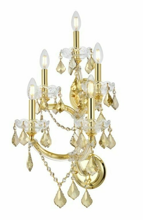 Maria Theresa Gold Wall Sconce with Five Golden Teak Crystal Lights 25 Inch: Maria Theresa Gold Wall Sconce with Five Golden Teak Crystal Lights 25 Inch This Maria Theresa wall sconce features five lights and a high-quality gold color frame adorned with royal cut golden teak (