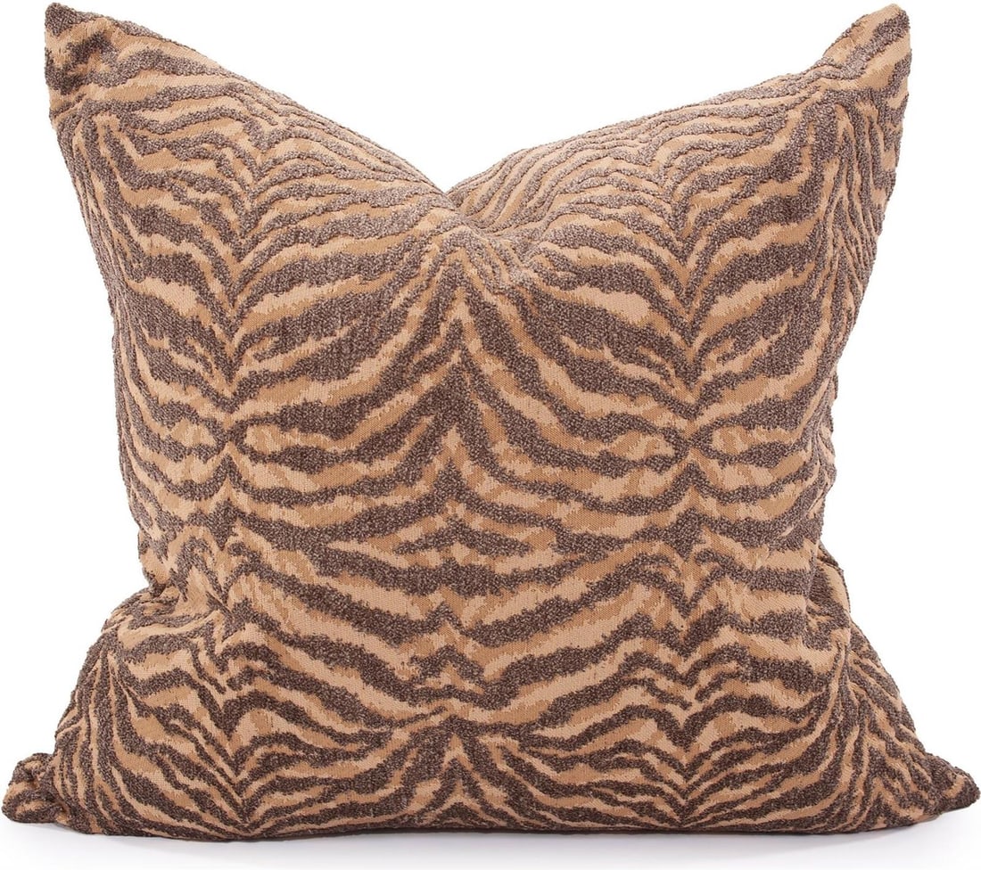 Howard Elliott Gold Tiger Stripe Square Pillow 24x24: Howard Elliott Gold Tiger Stripe Square Pillow 24x24 Enhance your decor with the Bold Bengal Gold Tiger Stripe Pillow, a striking addition to any contemporary space. This square pouf features a luxuri