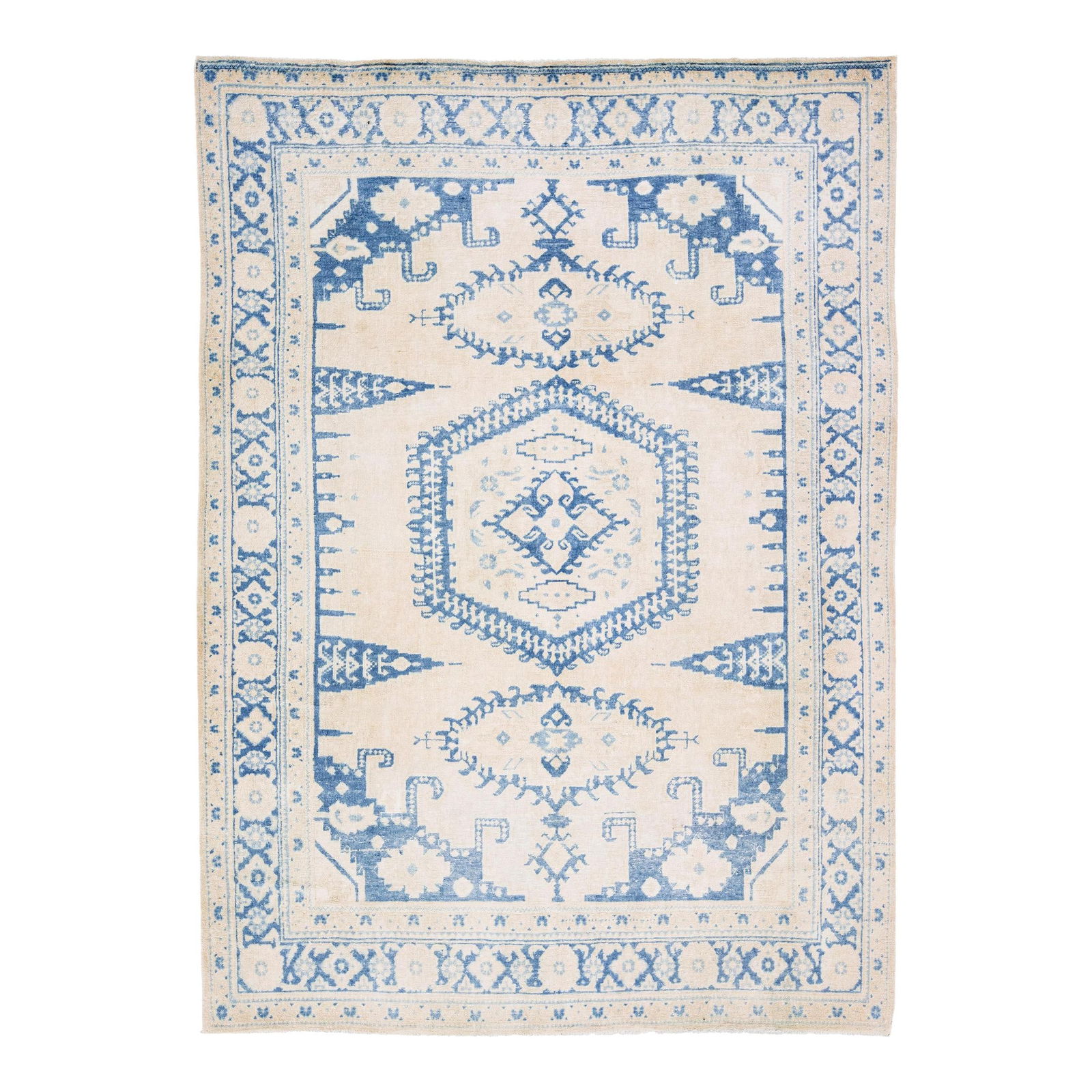 Vintage Persian Hand-Knotted Wool Rug 7'3 x 9'10 Beige Geometric Design: Vintage Persian Hand-Knotted Wool Rug 7'3 x 9'10 Beige Geometric Design This stunning vintage Persian rug showcases exquisite hand-knotting craftsmanship, featuring a soft beige field adorned with a g