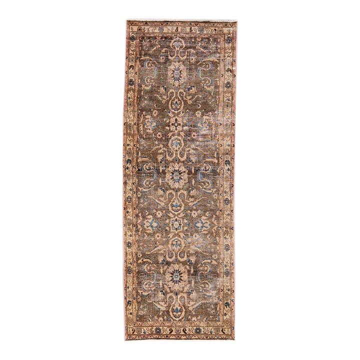 1960s Handmade Brown Floral Wool Runner 3'4 x 9'6 Vintage Medallion: 1960s Handmade Brown Floral Wool Runner 3'4 x 9'6 Vintage Medallion This stunning vintage runner features a captivating medallion design, hand-knotted from high-quality wool. The rich brown field is b