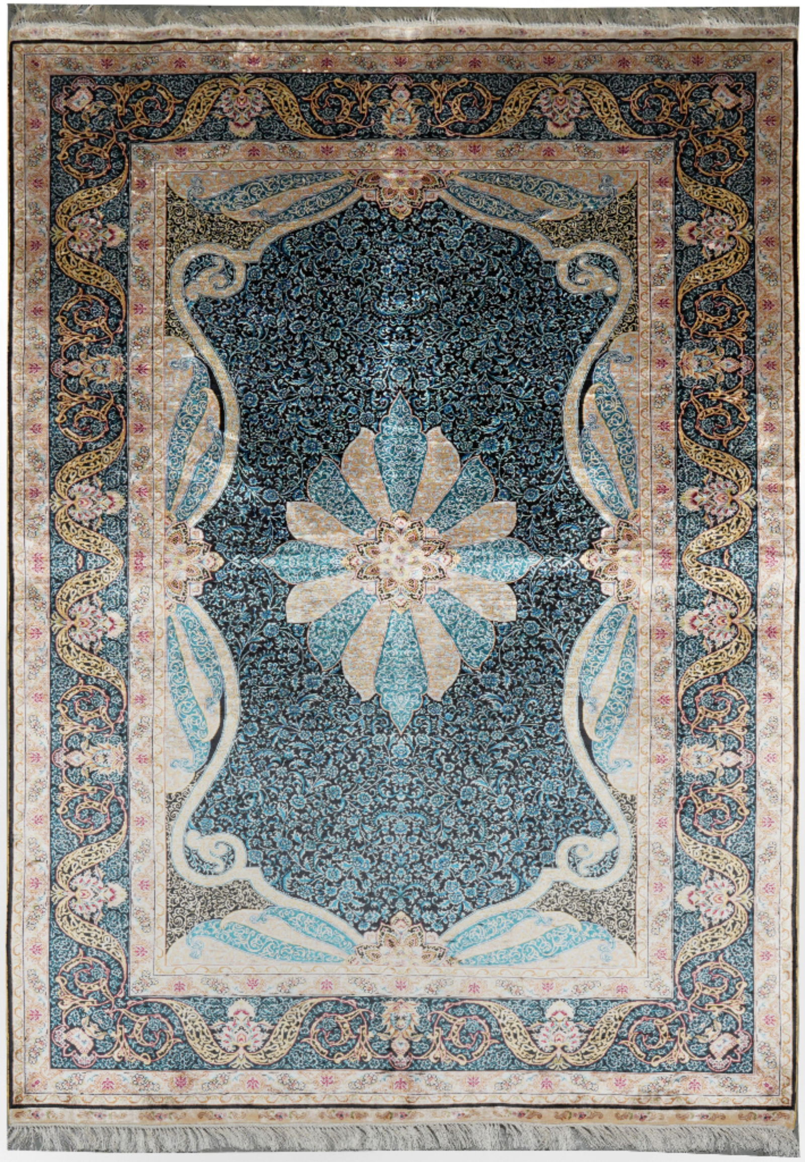 5 x 8 Hand-Knotted Silk Rug Hereke Pattern Handmade Luxury: 5 x 8 Hand-Knotted Silk Rug Hereke Pattern Handmade Luxury Free continental US Shipping This 5 x 8 hand-knotted rug features a Hereke pattern inspired by Persian artistry, meticulously crafted by skil