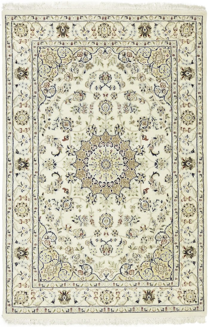 Handmade Classic Floral Medallion Indo-Nain Rug 4'0 x 6'1 Wool Silk: Handmade Classic Floral Medallion Indo-Nain Rug 4'0 x 6'1 Wool Silk This classic floral medallion Indo-Nain oriental rug is a stunning addition to any home. Handcrafted from a luxurious blend of wool