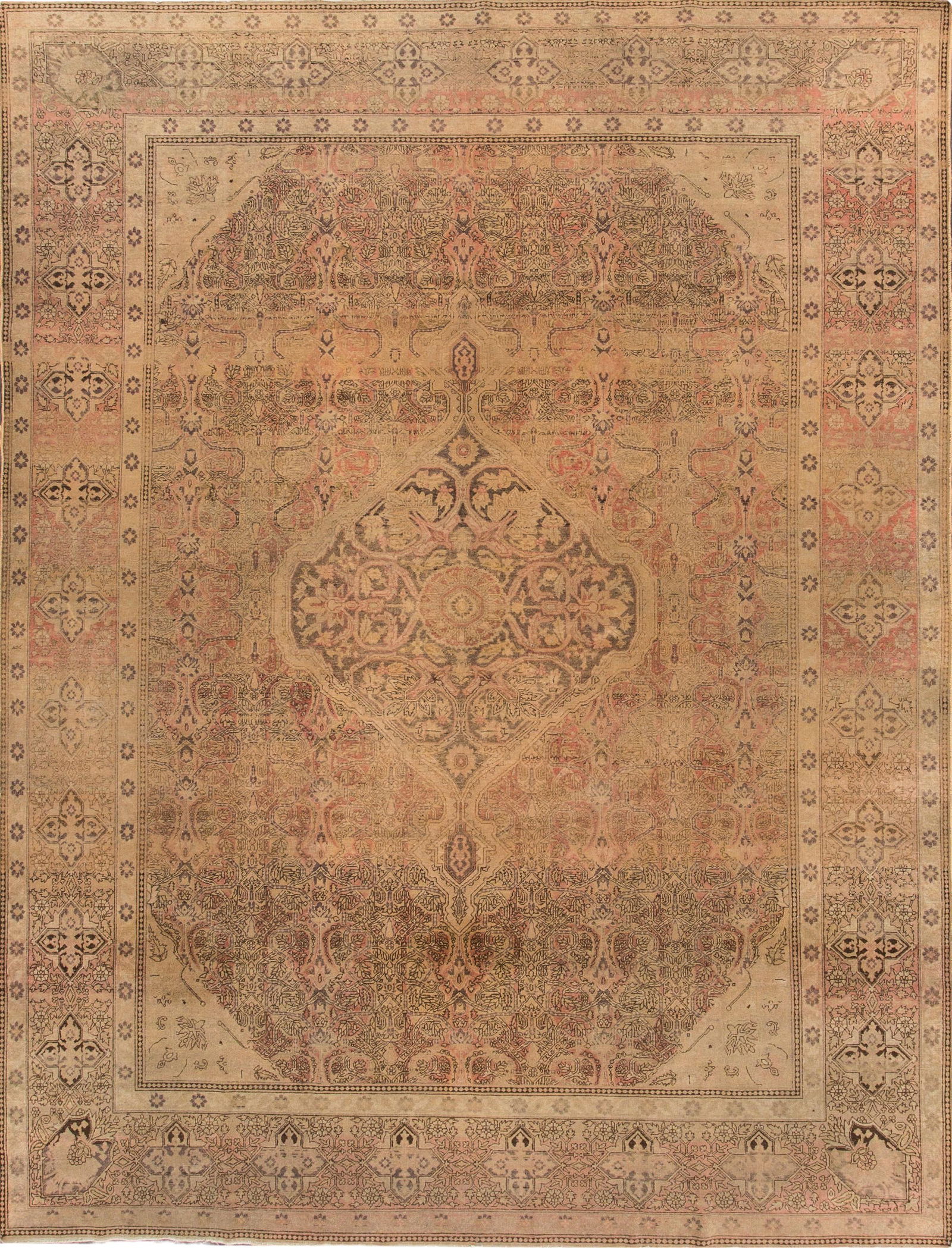 Antique Tabriz Handmade Wool Rug 9'1 x 11'11 Tan Medallion Design: Antique Tabriz Handmade Wool Rug 9'1 x 11'11 Tan Medallion Design This exquisite antique Tabriz rug features a hand-knotted construction with a beautiful tan field. The design showcases a rusted frame