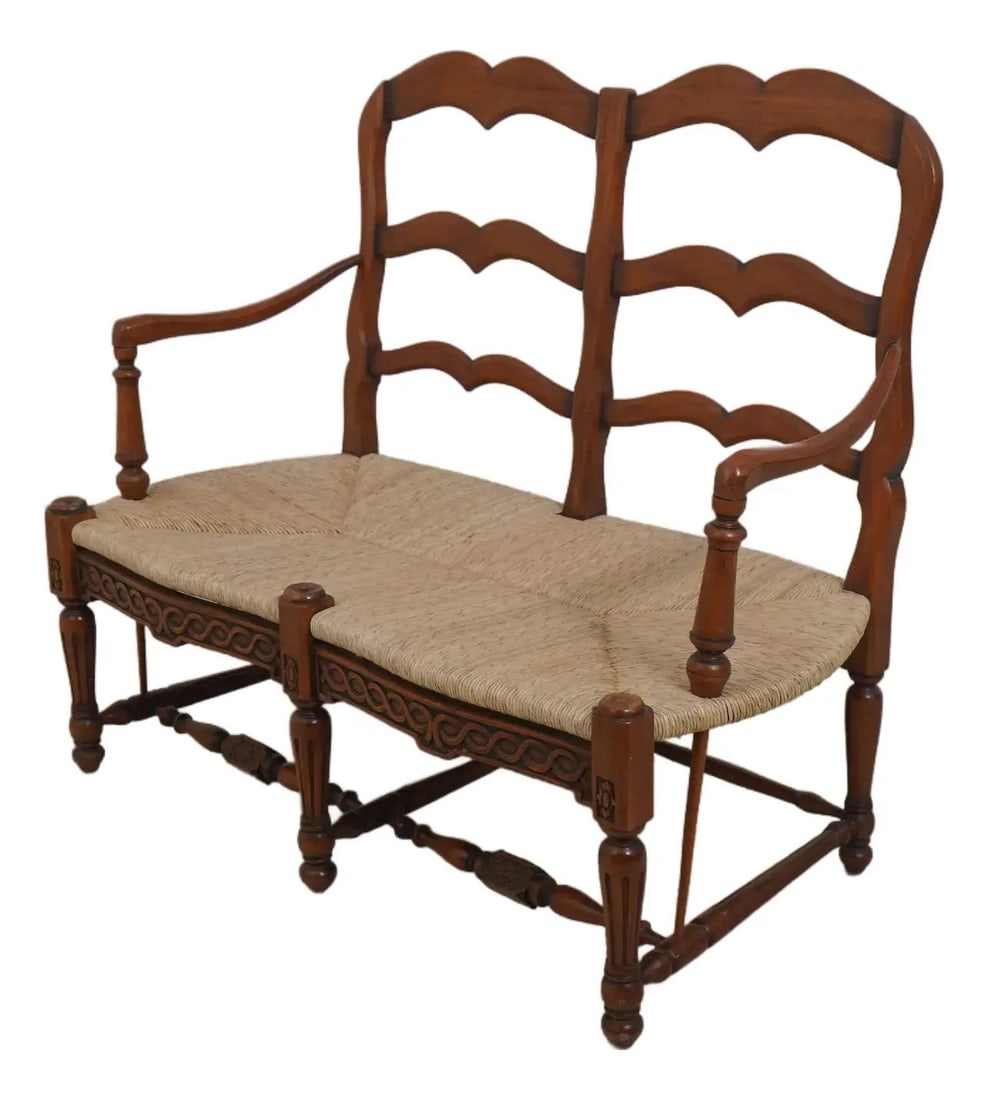 Vintage French Country Rush Seat Bench with Carved Details: Vintage French Country Rush Seat Bench with Carved Details Discover this exquisite Vintage Ladderback French Country Rush Seat Bench, a perfect blend of English and French design influences. Crafted w