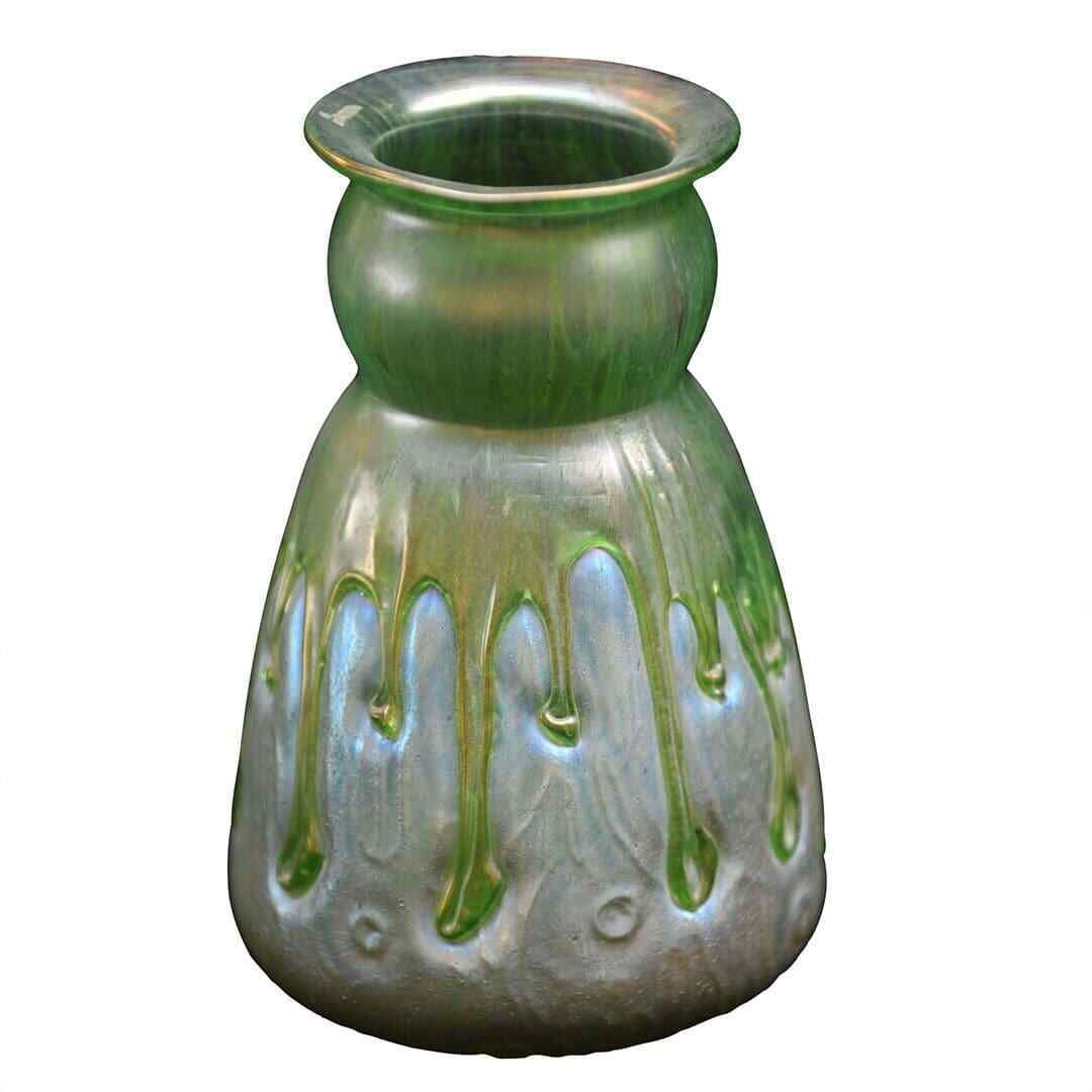 Austrian Loetz Iridescent Art Glass Vase 9.5 Inches: Austrian Loetz Iridescent Art Glass Vase 9.5 Inches This exquisite Austrian or Loetz vase features a stunning iridescent finish complemented by applied glass details, showcasing the artistry of the ea