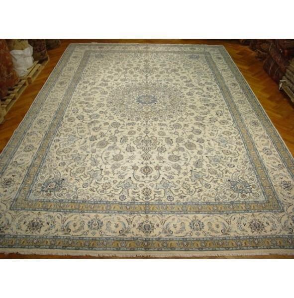 Persian Nain Rug 12.9 x 19.2 ft Hand-Knotted Wool Silk Ivory Iran: Persian Nain Rug 12.9 x 19.2 ft Hand-Knotted Wool Silk Ivory Iran Free continental US Shipping Experience the luxury of our Persian Nain Rug, expertly handcrafted in Nain, Iran. This stunning area rug