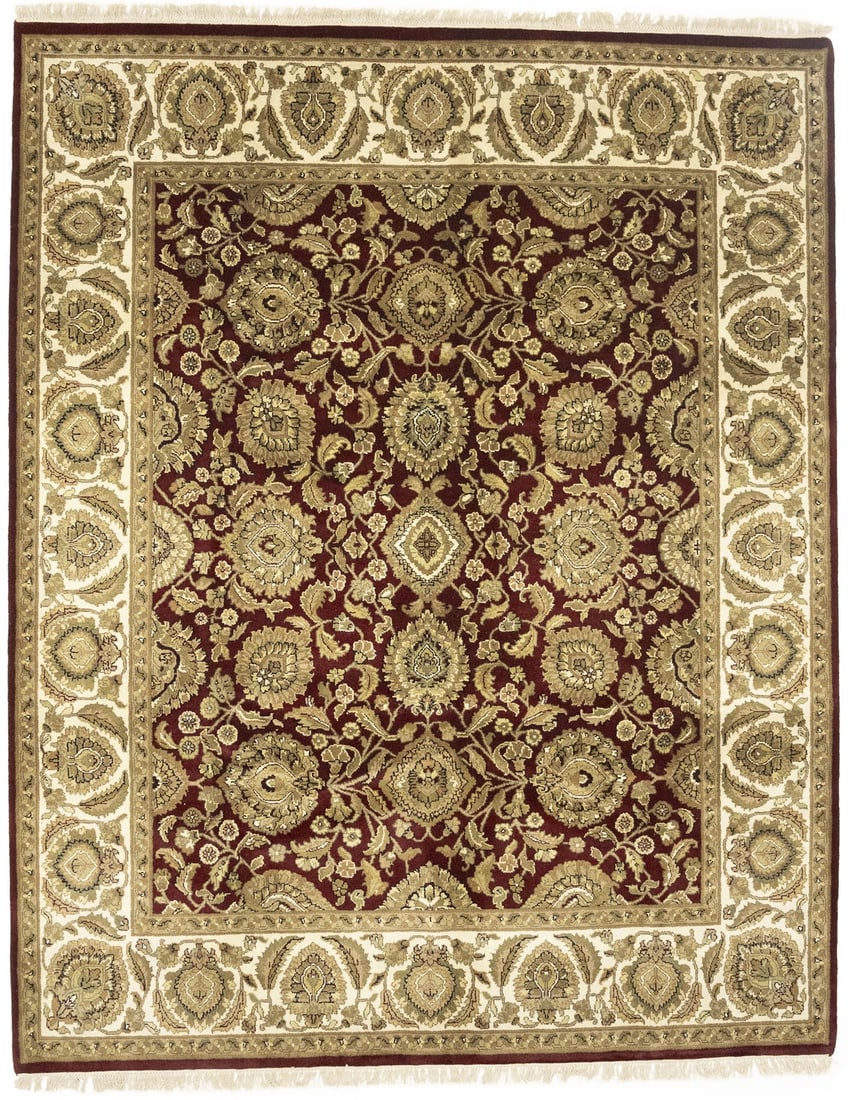 Hand-knotted Wool Area Rug 8'1 x 10'2 Floral Agra Jaipur Design: Hand-knotted Wool Area Rug 8'1 x 10'2 Floral Agra Jaipur Design This handmade Agra Jaipur Oriental rug features a thick, medium pile with a floral pattern in shades of red, cream, beige, charcoal, gol