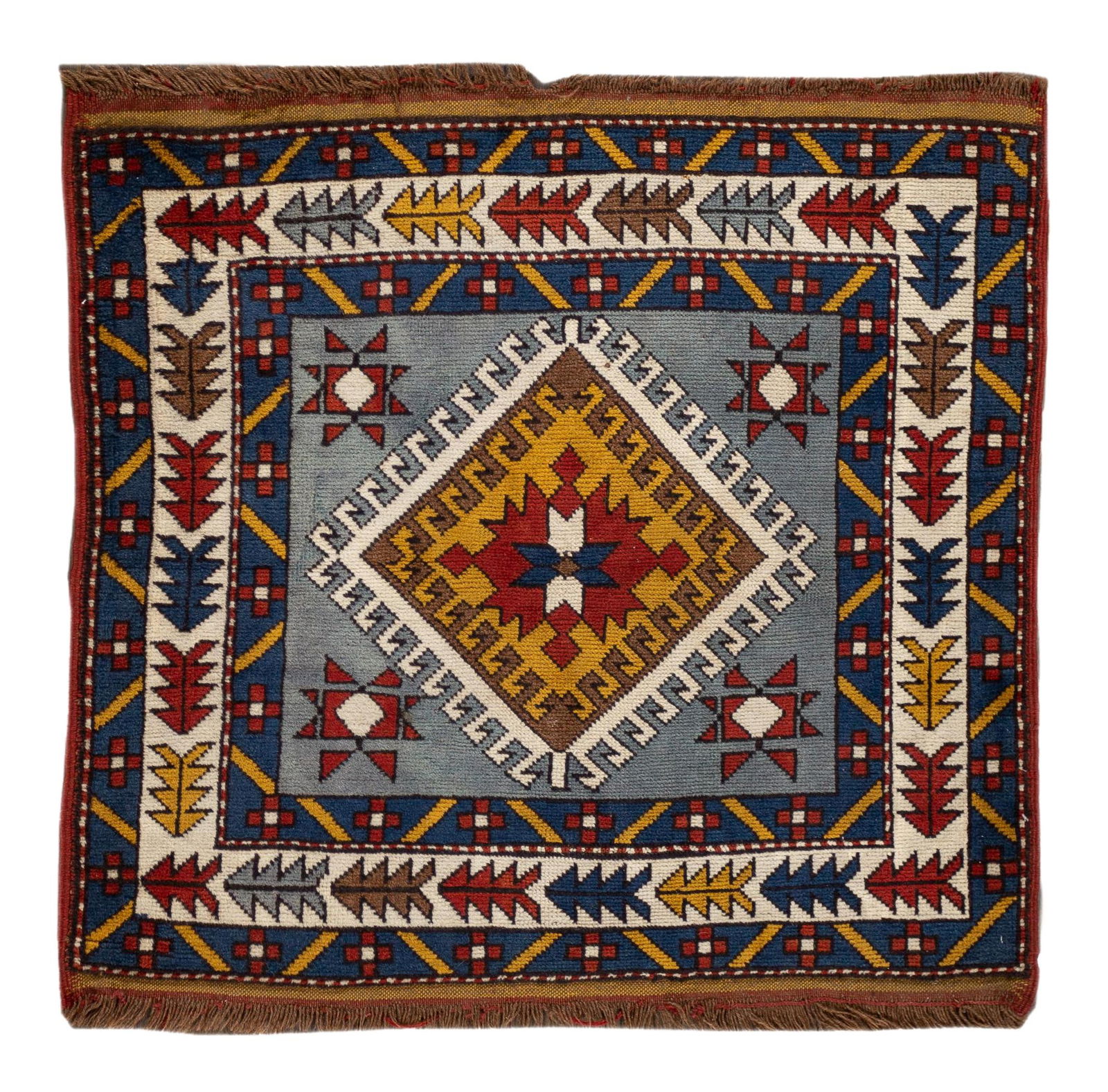 Vintage Kazak Rug 3'6" x 3'5" Baby Blue Wool: Vintage Kazak Rug 3'6" x 3'5" Baby Blue Wool This exquisite Vintage Kazak Rug features a stunning baby blue color that adds a touch of elegance to any space. Handcrafted from high-quality wool, this p