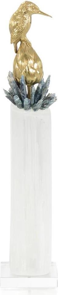 John-Richard Brass Bird Sculpture with Selenite Crystal 20.5": John-Richard Brass Bird Sculpture with Selenite Crystal 20.5" This elegant sculpture features a beautifully crafted brass bird perched atop a stunning selenite crystal base. Standing at 20.50 inches t