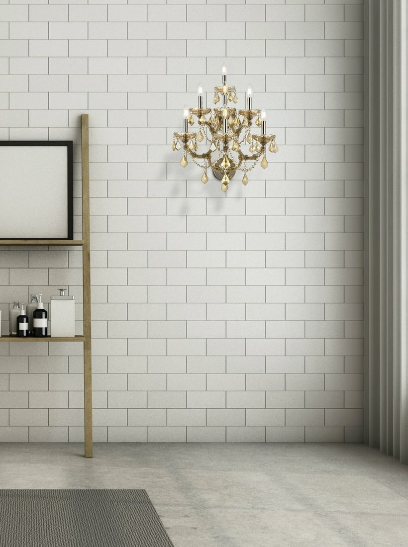 Maria Theresa Golden Teak 7 Light Wall Sconce with Royal Cut Crystals: Maria Theresa Golden Teak 7 Light Wall Sconce with Royal Cut Crystals Illuminate your space with this exquisite Maria Theresa wall sconce, featuring a stunning golden teak frame adorned with royal cut