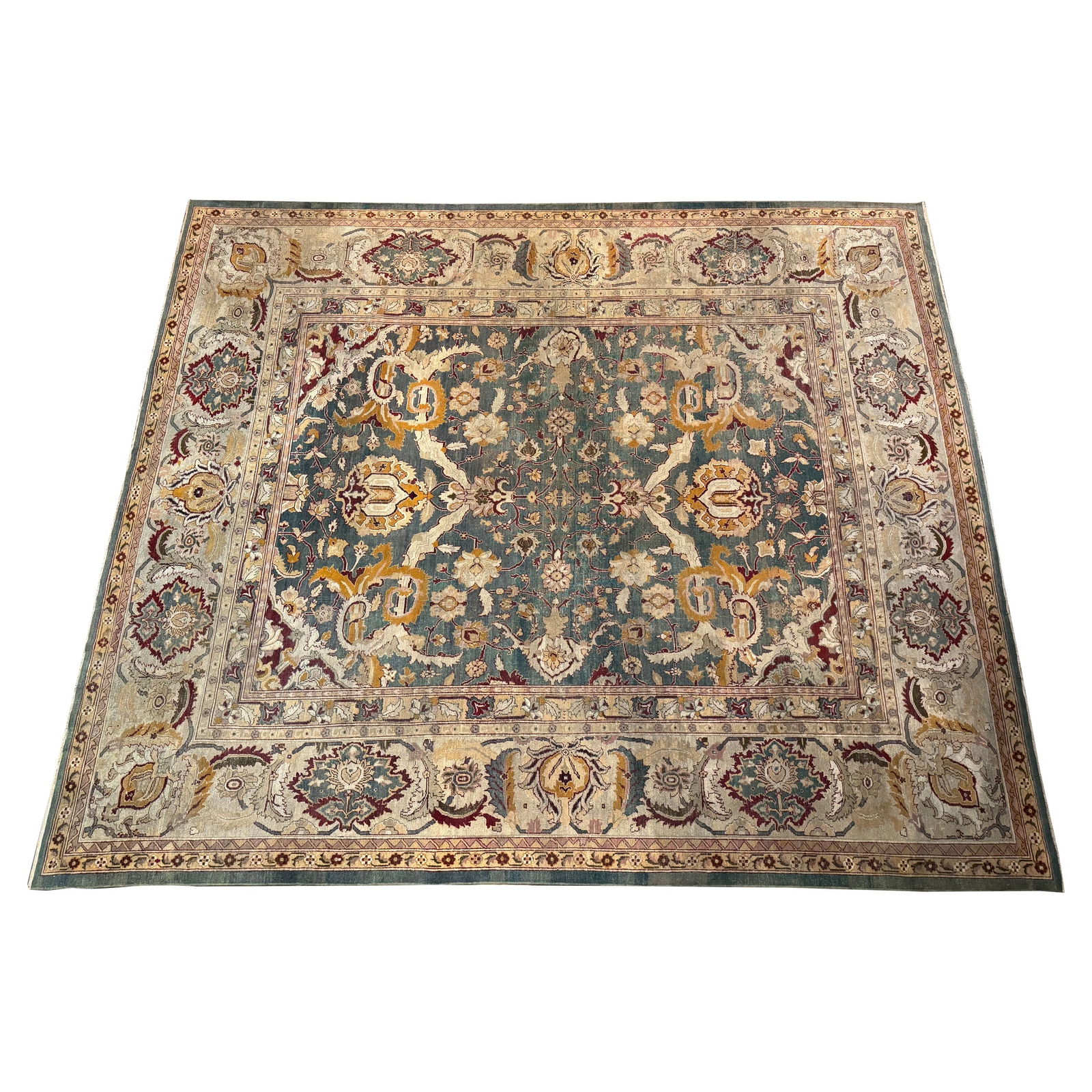 Antique Early 20th Century Hand Woven Wool Agra Rug 154 x 132: Antique Early 20th Century Hand Woven Wool Agra Rug 154 x 132 This exquisite Early 20th Century Indian Hand Woven Wool Agra Rug combines traditional craftsmanship with vibrant artistry. Measuring 154