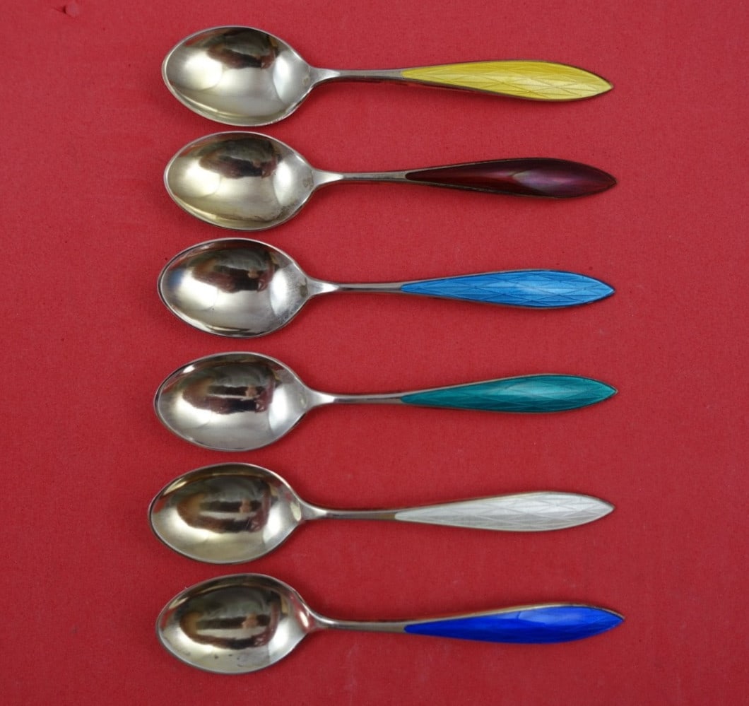 Norwegian Sterling Silver Demitasse Spoon Set of 6 Enameled Handles: Norwegian Sterling Silver Demitasse Spoon Set of 6 Enameled Handles This exquisite set of six Norwegian sterling silver demitasse spoons features beautifully enameled handles in vibrant colors of yell