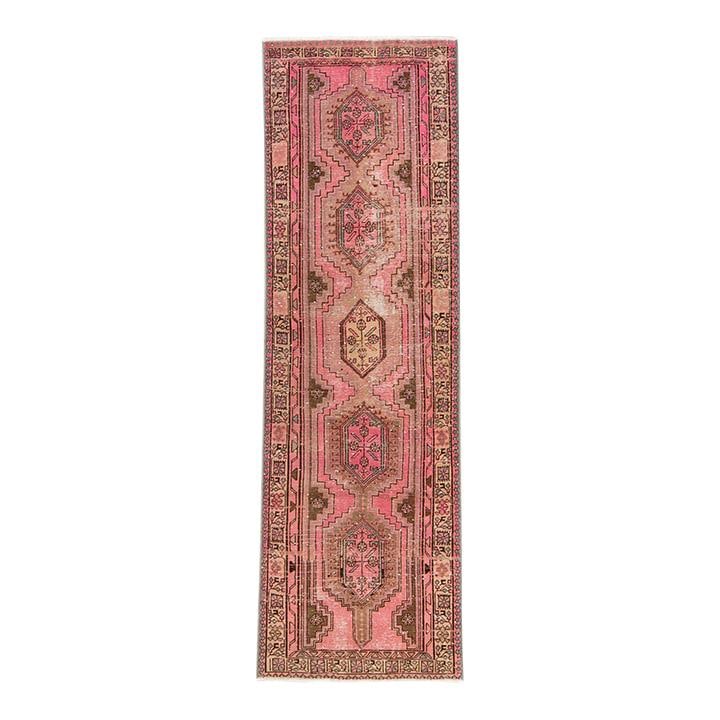 1960s Vintage Hand-Knotted Persian Pink Wool Runner 3'3 x 10'8: 1960s Vintage Hand-Knotted Persian Pink Wool Runner 3'3 x 10'8 Enhance your space with this exquisite 1960s vintage distressed handmade runner rug. Crafted from premium Persian wool, it features a str