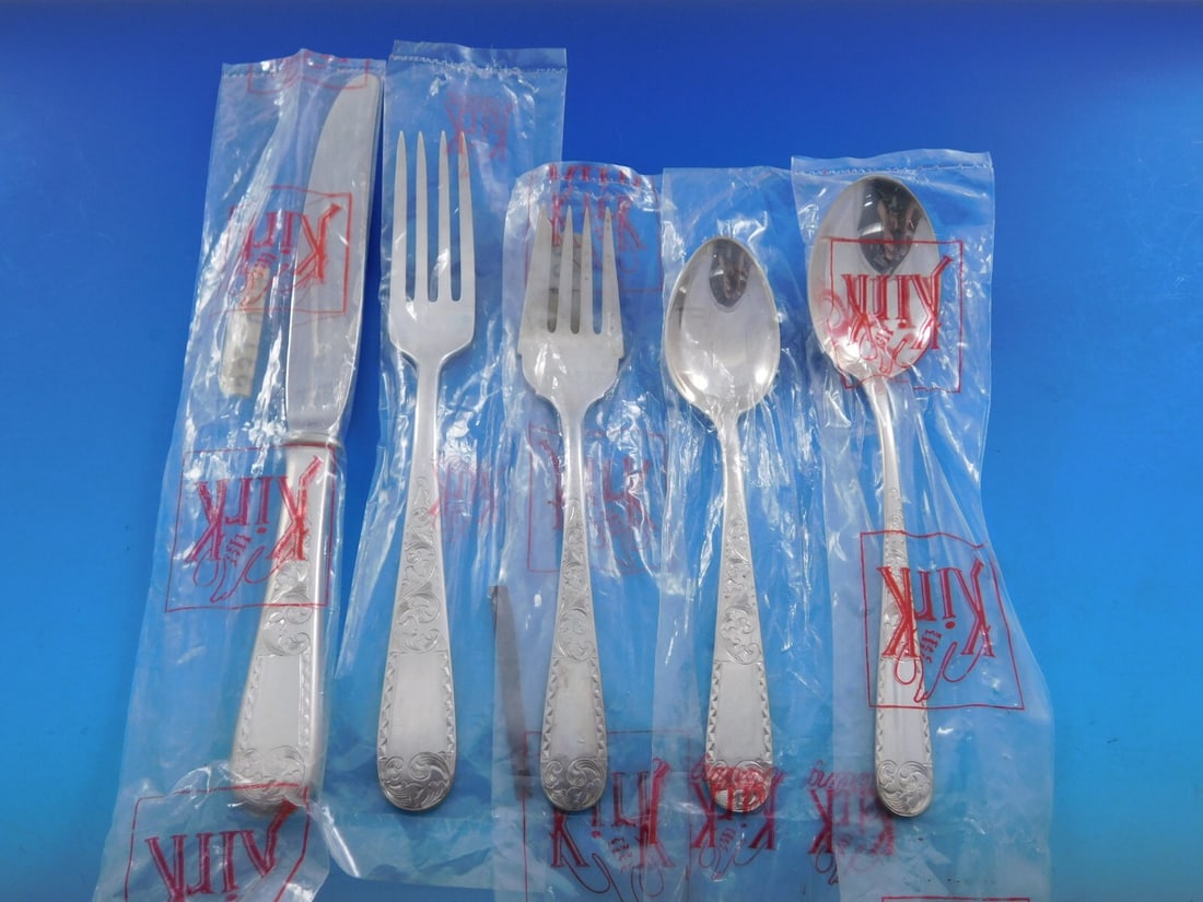 Mayflower by Kirk Sterling Silver Flatware Set 60 pcs for 12 with Storage Chest: Mayflower by Kirk Sterling Silver Flatware Set 60 pcs for 12 with Storage Chest Enhance your dining experience with the exquisite Mayflower by Kirk sterling silver flatware set. This stunning 60-piece