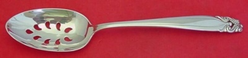 Wallace King Christian Sterling Silver Slotted Serving Spoon 9-Hole: Wallace King Christian Sterling Silver Slotted Serving Spoon 9-Hole This exquisite slotted serving spoon from the King Christian pattern by Wallace is crafted from sterling silver, showcasing the time