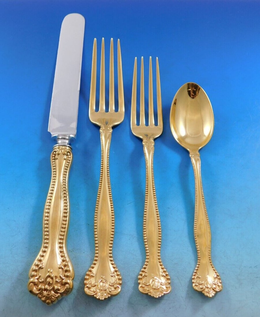 Alvin Raleigh Gold Sterling Silver Flatware Set 49 pcs with Storage Chest: Alvin Raleigh Gold Sterling Silver Flatware Set 49 pcs with Storage Chest This exquisite Raleigh Gold flatware set by Alvin is crafted from high-quality sterling silver and includes 49 pieces, perfect