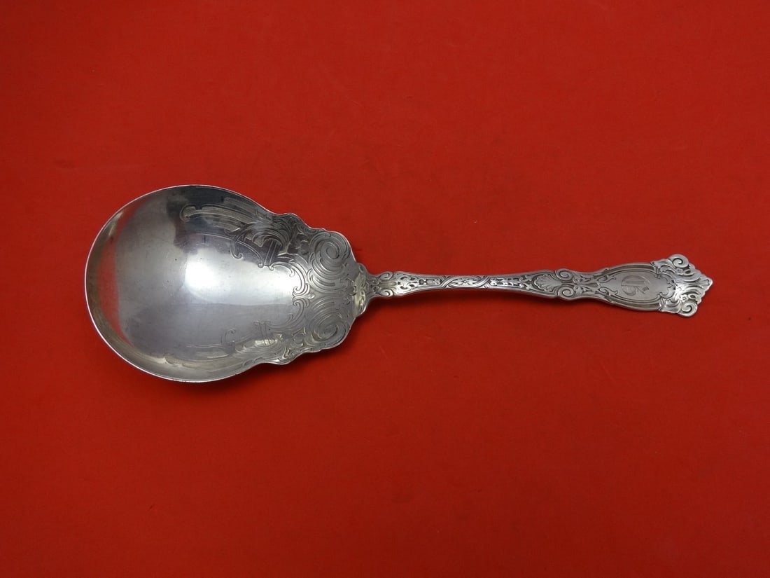 Wallace Berain Sterling Silver Berry Spoon 9 1/4" Monogrammed: Wallace Berain Sterling Silver Berry Spoon 9 1/4" Monogrammed This exquisite serving spoon is a Sterling Silver Berry Spoon from the renowned Berain pattern by Wallace. Crafted between 1900 and 1940,