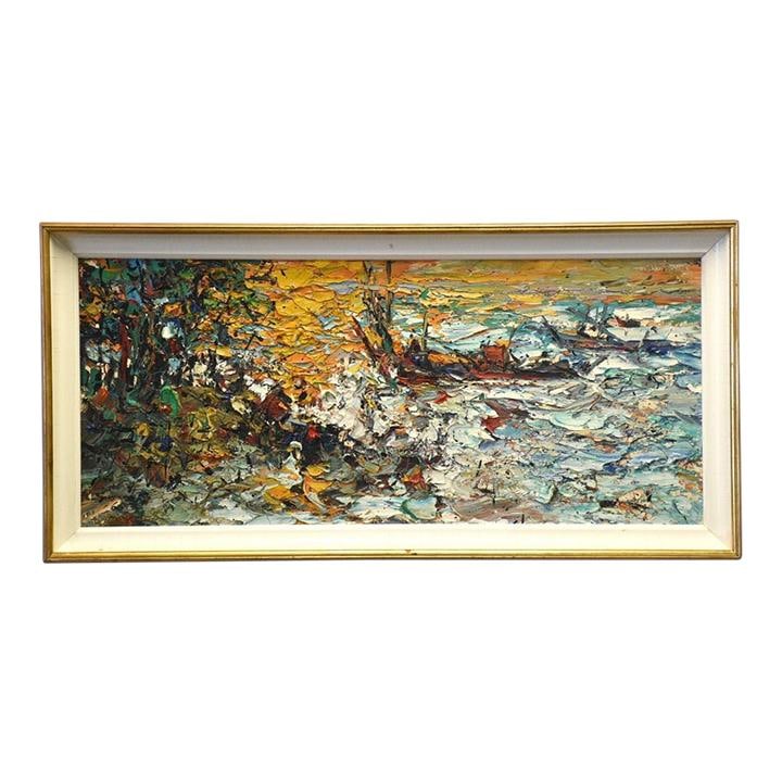 Sujarit Hirankul 1966 Abstract Oil Painting in Blue: Sujarit Hirankul 1966 Abstract Oil Painting in Blue This striking abstract oil painting by Sujarit Hirankul, dated 1966, features vibrant blue hues that captivate the viewer. The piece is signed by th