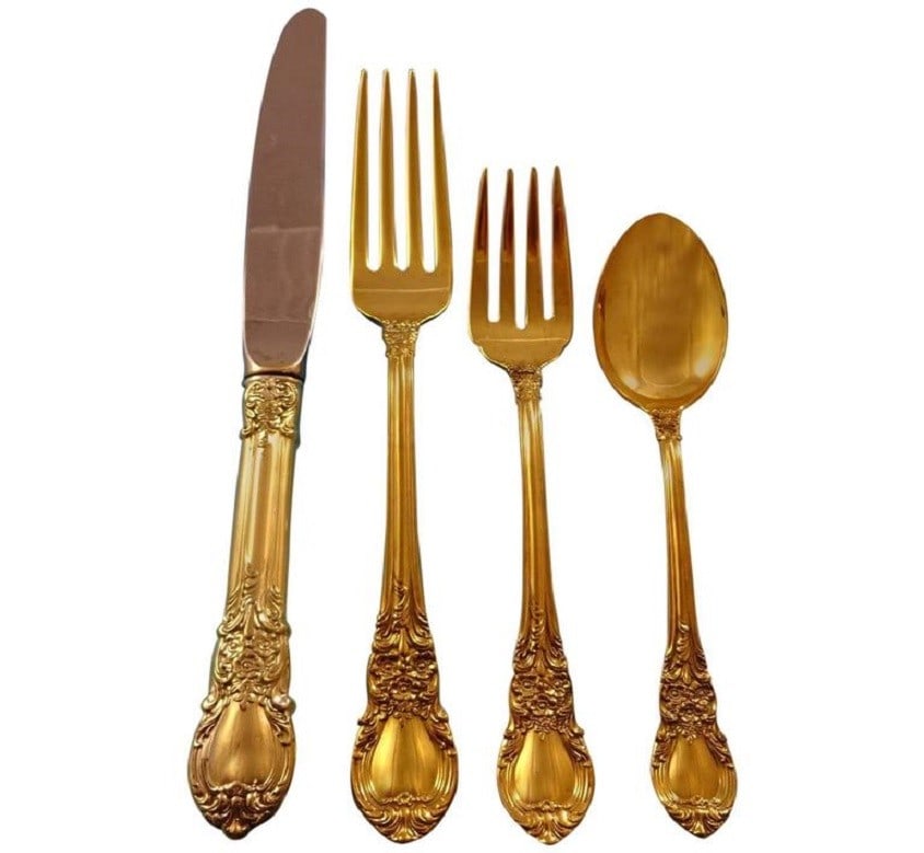 Lunt American Victorian Gold Sterling Silver Flatware Set 48 Pcs Service for 12: Lunt American Victorian Gold Sterling Silver Flatware Set 48 Pcs Service for 12 Experience elegance with the American Victorian Gold by Lunt Sterling Silver Flatware Set, designed to serve 12 guests w