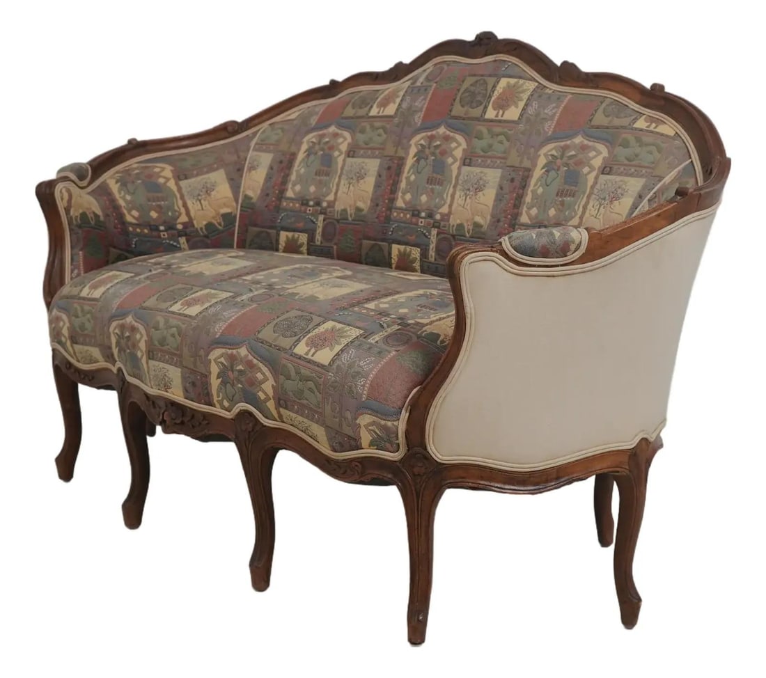Walnut Louis XV Style Settee with Animal Print Upholstery and Nine Legs (1 of 10)
