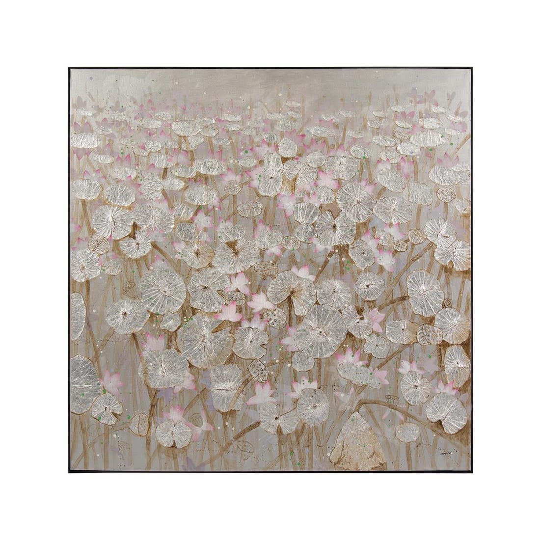 Teng Fei Silver Leaf Lily Pond Wall Art 59x59 Black Frame: Teng Fei Silver Leaf Lily Pond Wall Art 59x59 Black Frame Transform your space with this exquisite Silver Leaf Lily Pond Wall Art by renowned artist Teng Fei. This stunning piece features a captivatin