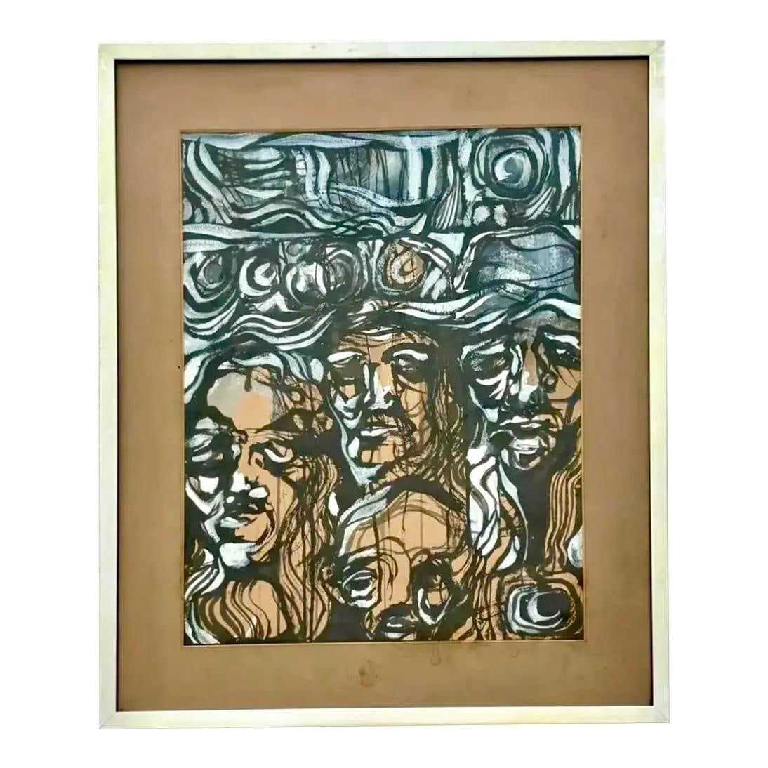 Expressive Oil Artwork on Paper Featuring Abstract Faces (1 of 5)