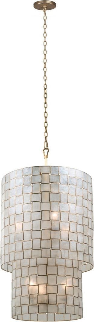 Kalco Roxy Capiz Shell Chandelier 2-Tier Oxidized Gold Leaf: Kalco Roxy Capiz Shell Chandelier 2-Tier Oxidized Gold Leaf Illuminate your foyer with this stunning Capiz Shell Chandelier, a perfect blend of antique elegance and modern functionality. This luxuriou