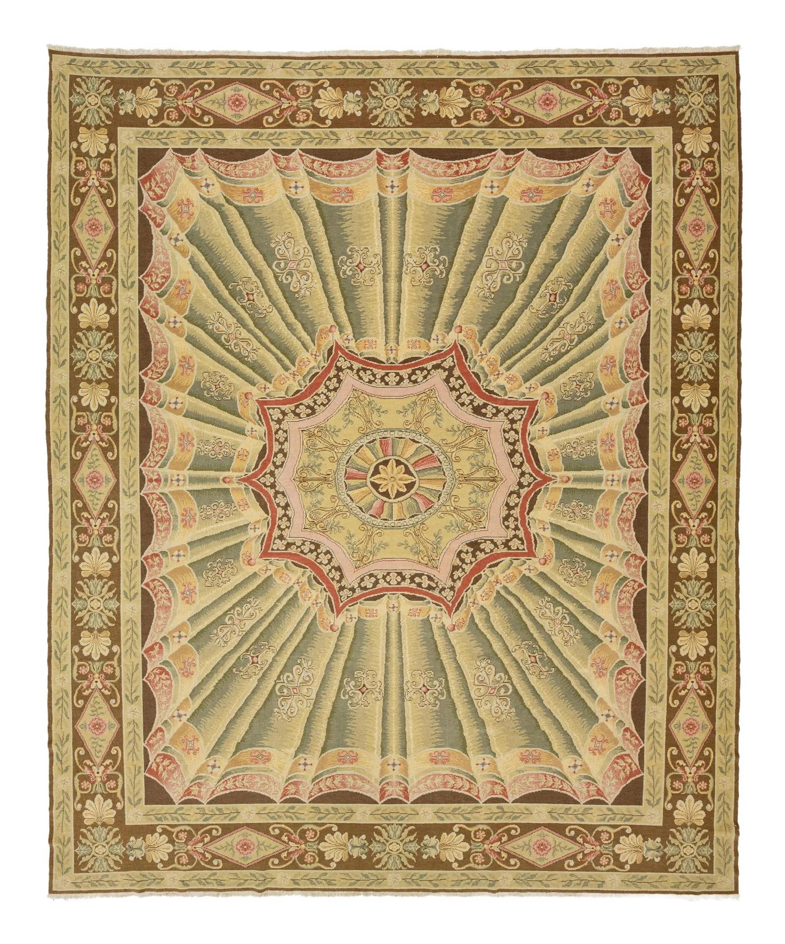 Antique Savonnerie Handmade Wool Rug 12' x 14'8'' Beige Floral Design: Antique Savonnerie Handmade Wool Rug 12' x 14'8'' Beige Floral Design Enhance your living space with this exquisite handmade Savonnerie wool rug, featuring a stunning Spanish design. This antique-styl