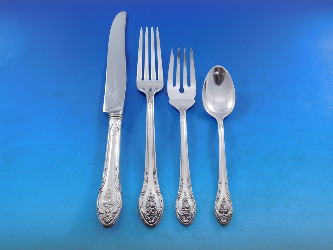 Gorham Rosemont Silverplate Flatware Set 24 Pieces Circa 1930 with Caddy: Gorham Rosemont Silverplate Flatware Set 24 Pieces Circa 1930 with Caddy Elevate your dining experience with the Rosemont by Gorham Silverplate Flatware Set, featuring a beautiful rose motif. This exq