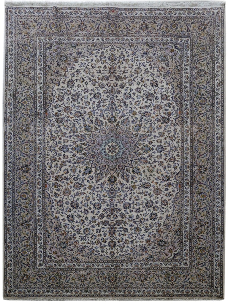 Signed Persian Kashan Rug 10' x 13' Ivory Blue Handmade Wool: Signed Persian Kashan Rug 10' x 13' Ivory Blue Handmade Wool Free continental US Shipping Discover the beauty of this exquisite 9.9' x 13.2' Signed Persian Kashan Rug in Ivory Blue, handcrafted by ski