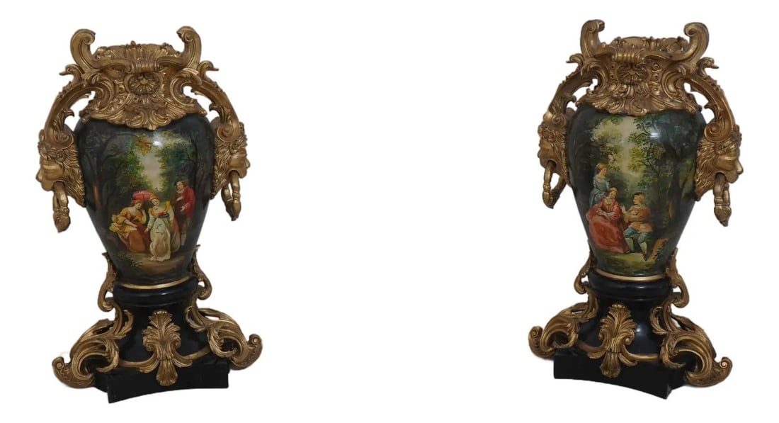 Pair of Louis XV Polychrome Gilt Composite Baluster Urns 30 Years Old: Pair of Louis XV Polychrome Gilt Composite Baluster Urns 30 Years Old This exquisite pair of Louis XV polychrome and gilt composite baluster urns showcases a stunning garden motif intertwined with ele