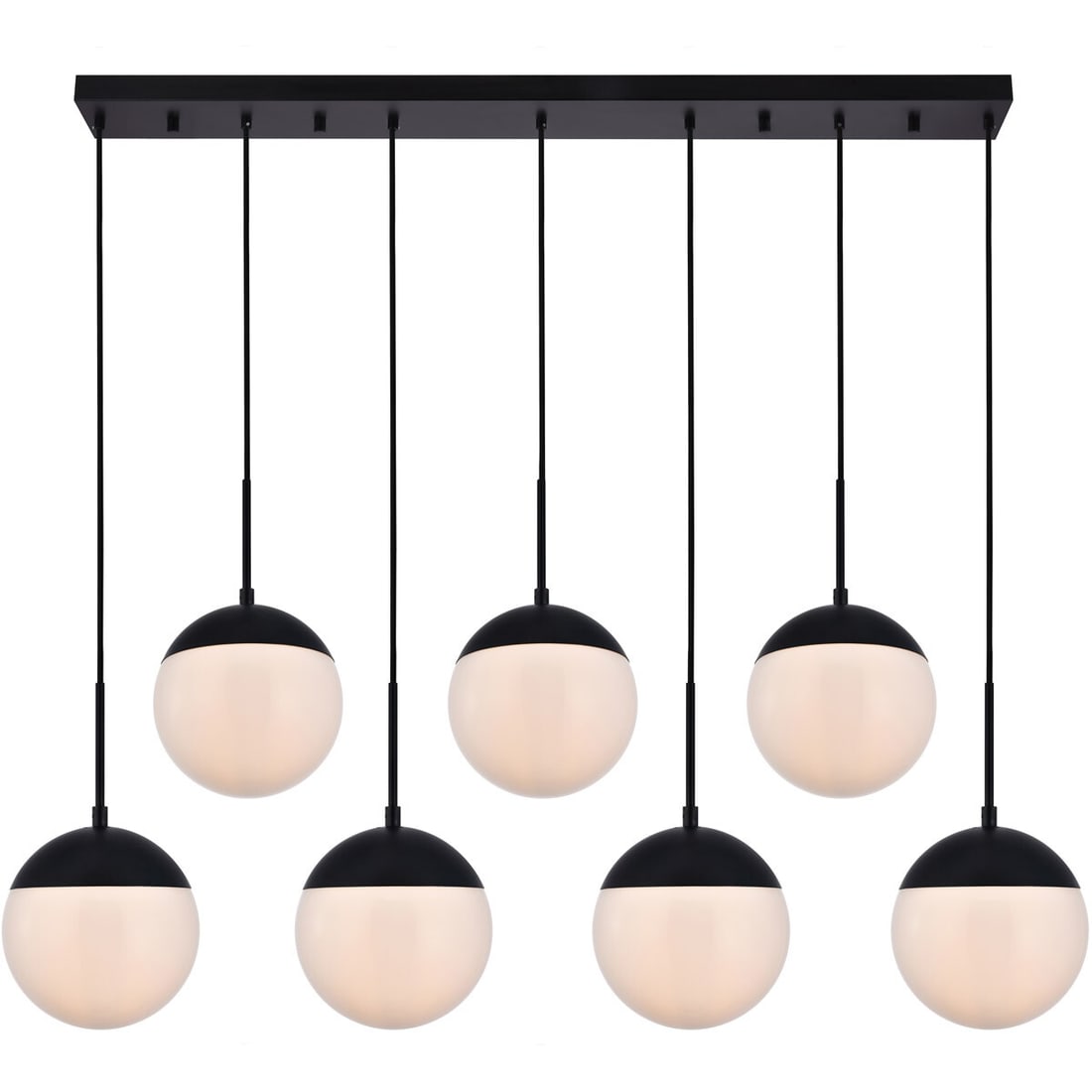 Eclipse 7 Light Black Pendant with Frosted Glass Shades 54 Inch Adjustable Chandelier: Eclipse 7 Light Black Pendant with Frosted Glass Shades 54 Inch Adjustable Chandelier This modern pendant chandelier features seven lights with black metal accents and frosted white round glass shades