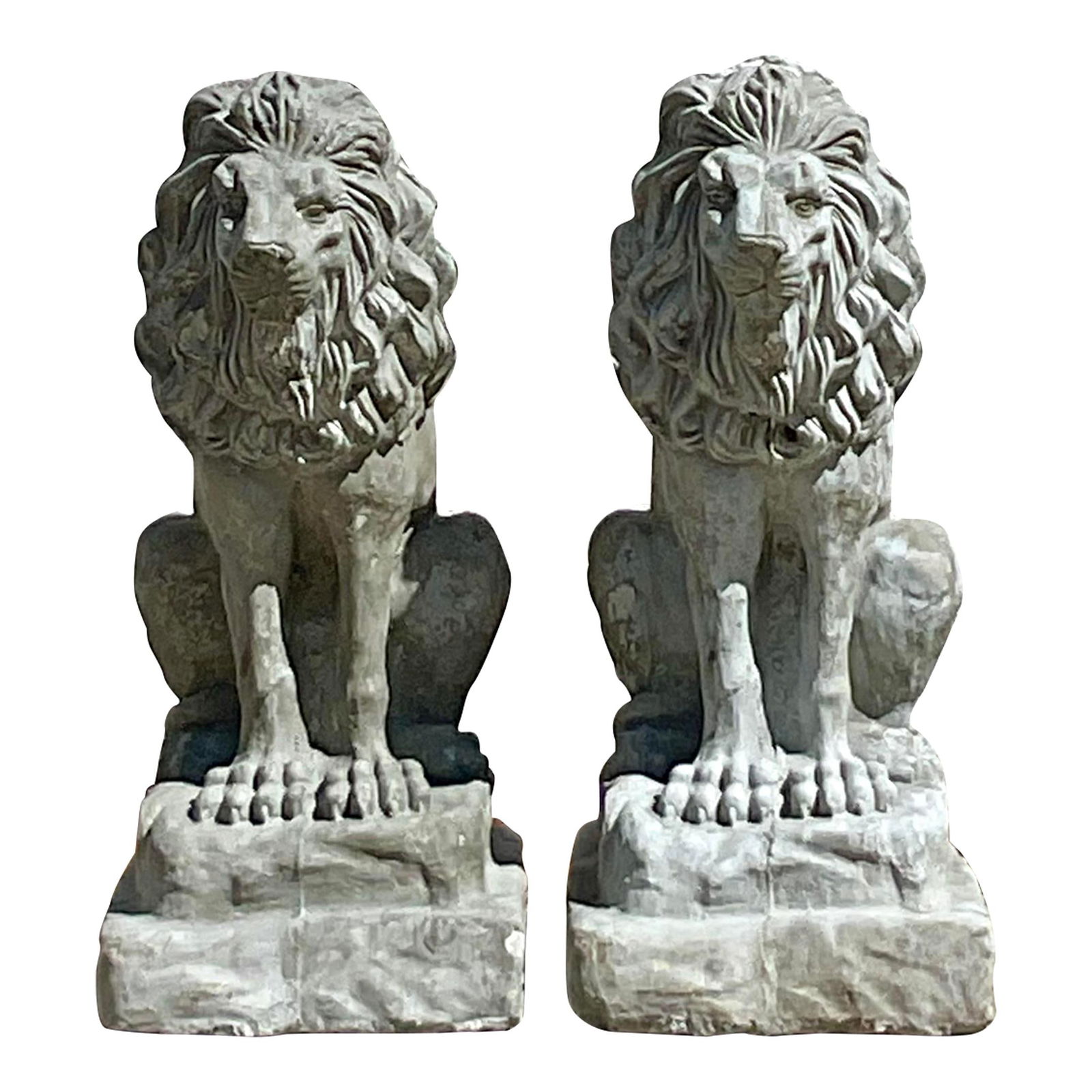 Vintage Boho Cast Concrete Lion Statues - Pair 27.5" Tall: Vintage Boho Cast Concrete Lion Statues - Pair 27.5" Tall This striking pair of vintage Boho-style lions is crafted from solid cast concrete, making them an impressive statement piece for both indoor