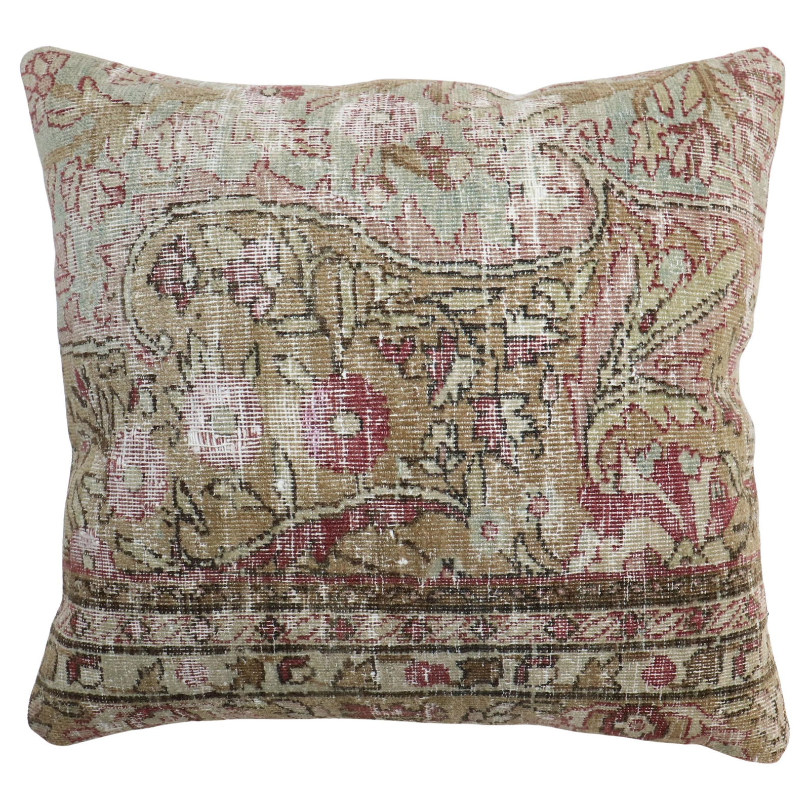 Pillow Crafted From Antique Floral Persian Kerman Rug 19 x 21 Inch: Pillow Crafted From Antique Floral Persian Kerman Rug 19 x 21 Inch This pillow is crafted from a worn 19th-century pictorial Persian Kerman rug, hand-woven from cotton and wool. It features a floral d