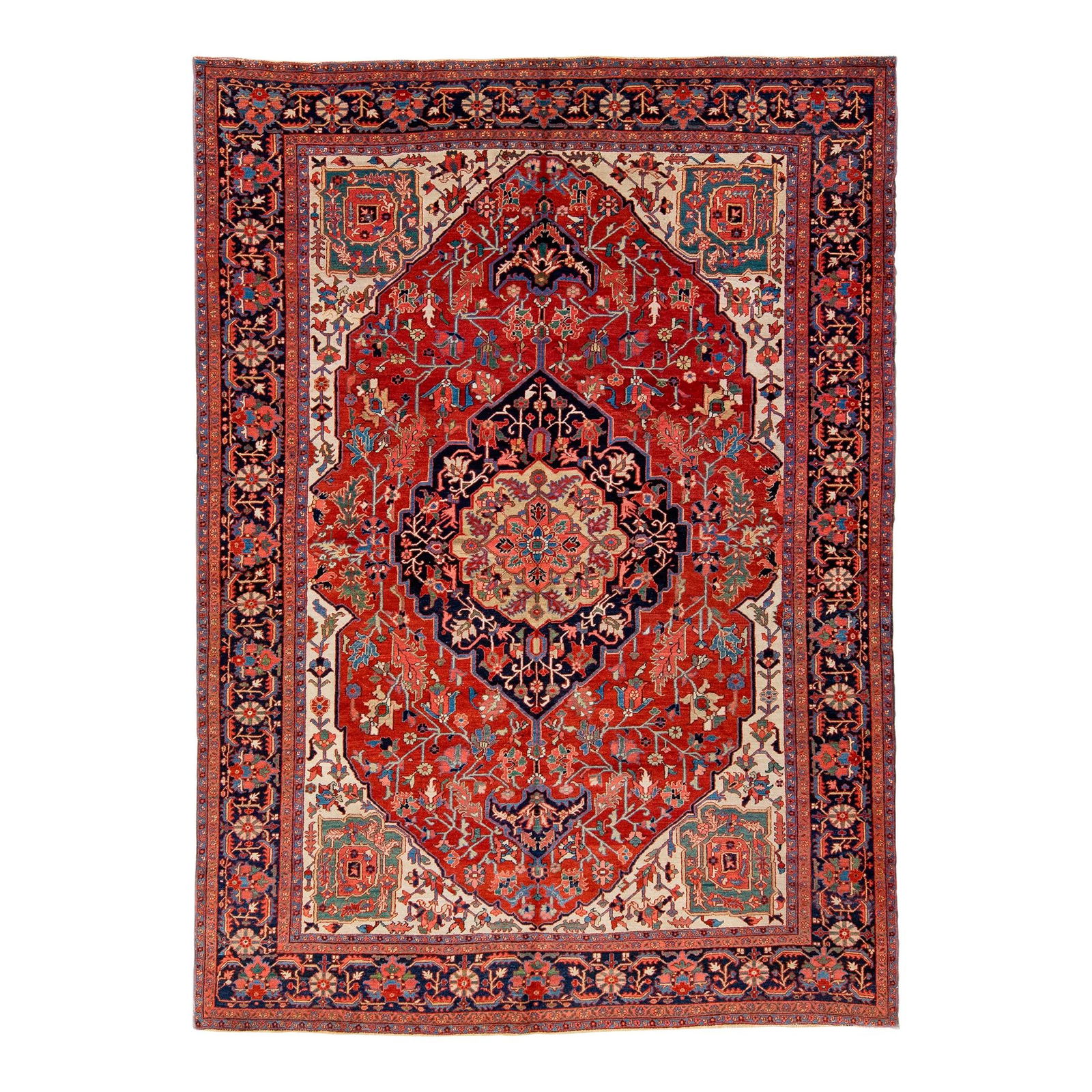 Red Antique Persian Heriz Handmade Wool Rug 9'9 x 13'9 Medallion Design: Red Antique Persian Heriz Handmade Wool Rug 9'9 x 13'9 Medallion Design This stunning antique Persian Heriz rug showcases exquisite hand-knotting craftsmanship, featuring a vibrant red field adorned w