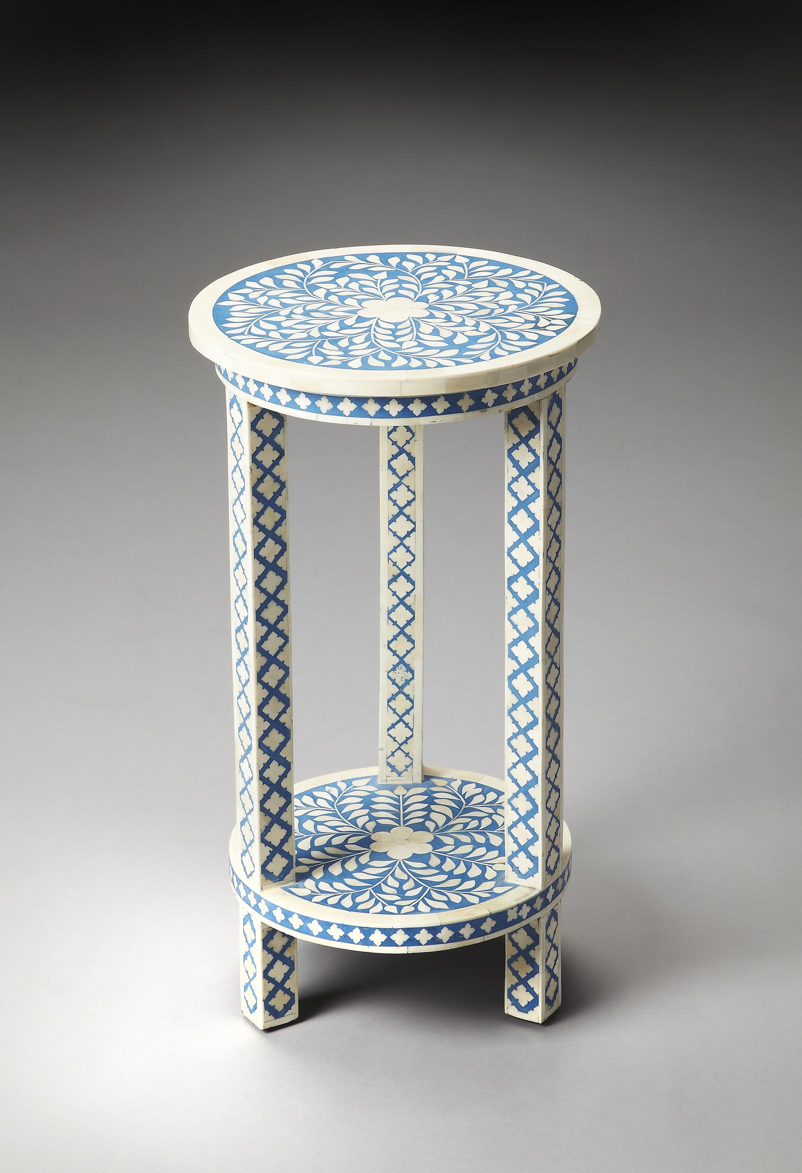 Butler Moroccan Round Blue Bone Inlay Side Table: Butler Moroccan Round Blue Bone Inlay Side Table Enhance your living space with this Moroccan Round Blue Bone Inlay Side Table, featuring an elegant and unique design that adds a touch of exotic charm