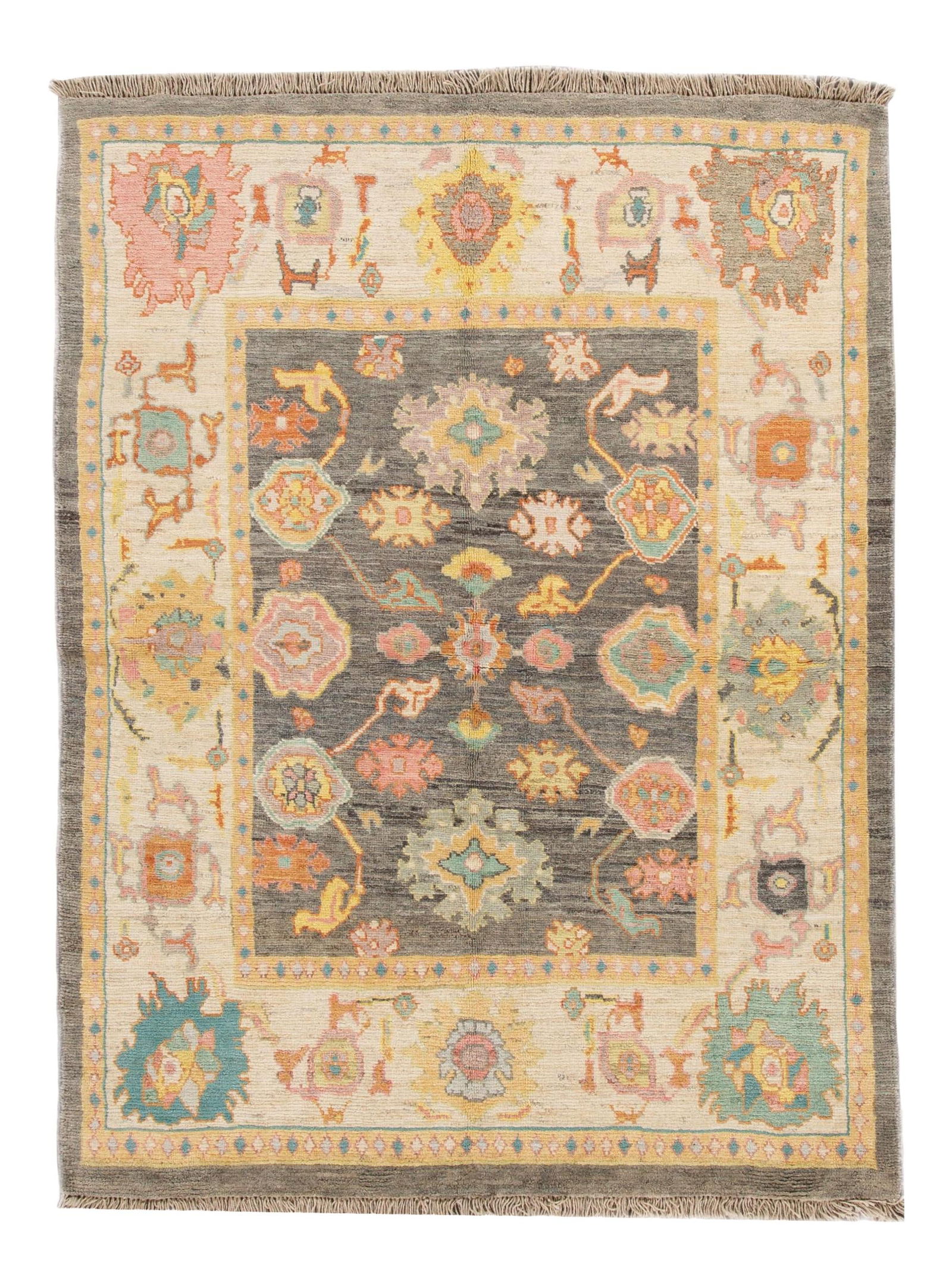 Handmade Oushak Turkish Wool Rug 5'11 x 8'2 Gray Multi-Medallion Design: Handmade Oushak Turkish Wool Rug 5'11 x 8'2 Gray Multi-Medallion Design Elevate your living space with this exquisite Modern Oushak Handmade Wool Rug. Featuring a striking gray field, this Turkish rug