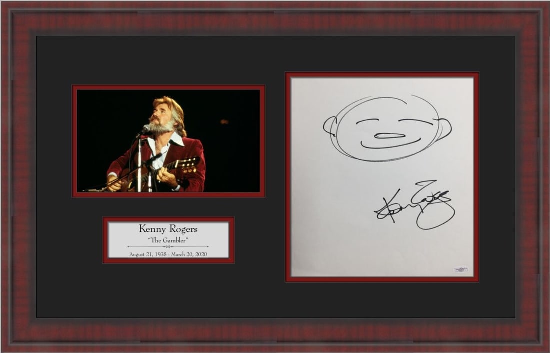 Kenny Rogers Signed Self-Portrait Custom Framed Display with JSA COA: Kenny Rogers Signed Self-Portrait Custom Framed Display with JSA COA This stunning custom framed display features a signed self-portrait artwork by the legendary Kenny Rogers. The piece showcases a be