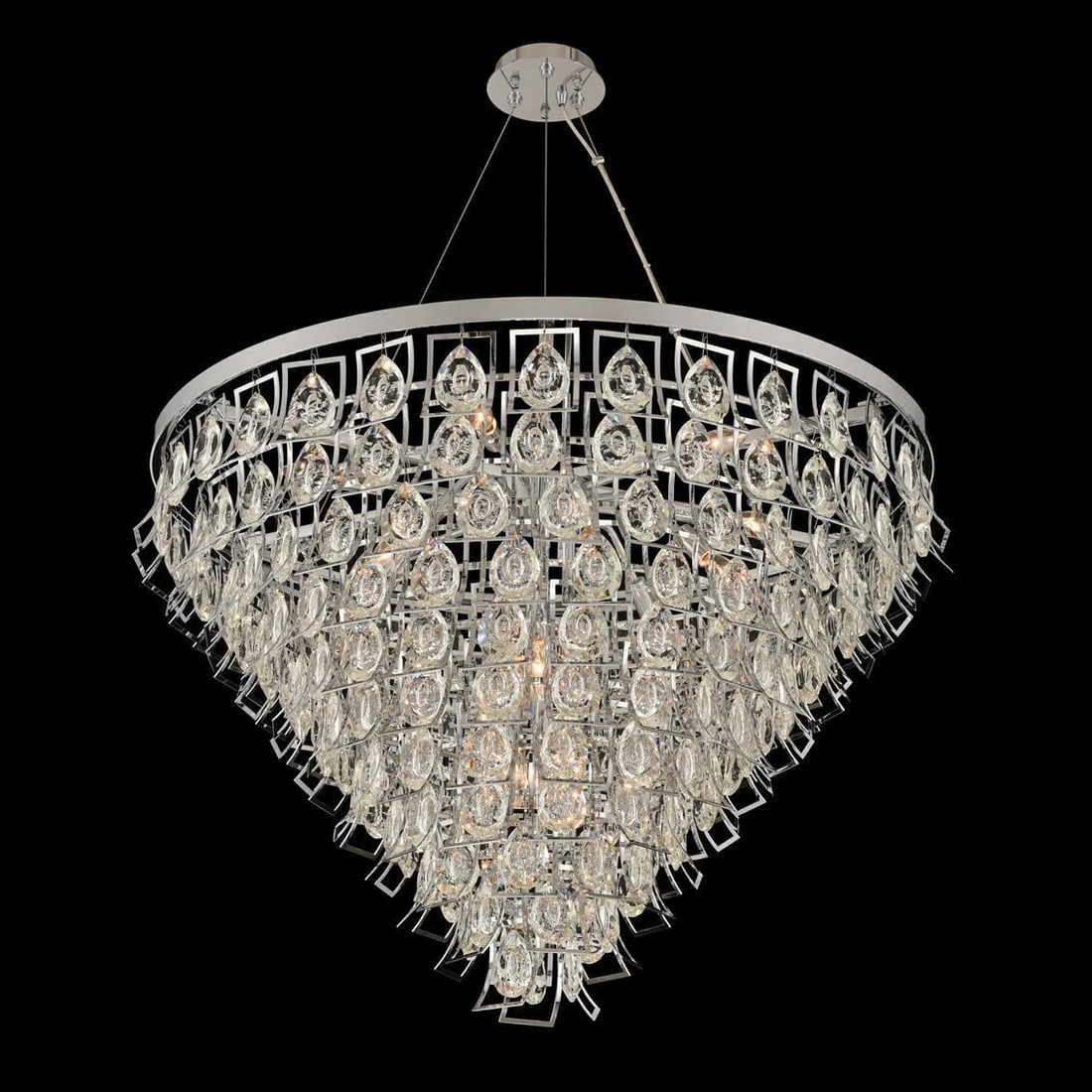 Kalco Carmella 18-Light Chrome Crystal Adjustable Pendant: Kalco Carmella 18-Light Chrome Crystal Adjustable Pendant Illuminate your space with this stunning Elegant Chrome Crystal Pendant, a remarkable piece from the Carmella collection. This adjustable pend